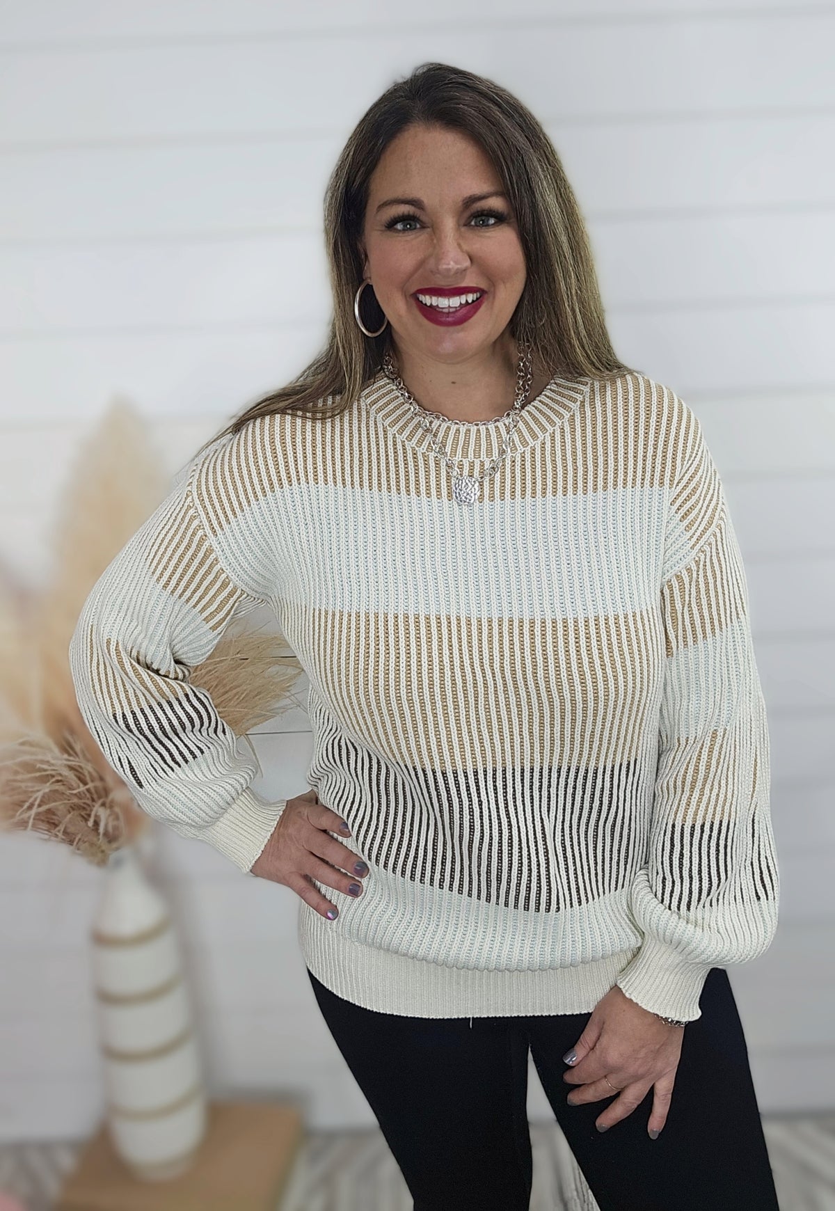 BROWN COLORBLOCK TEXTURED RIBBED SWEATER