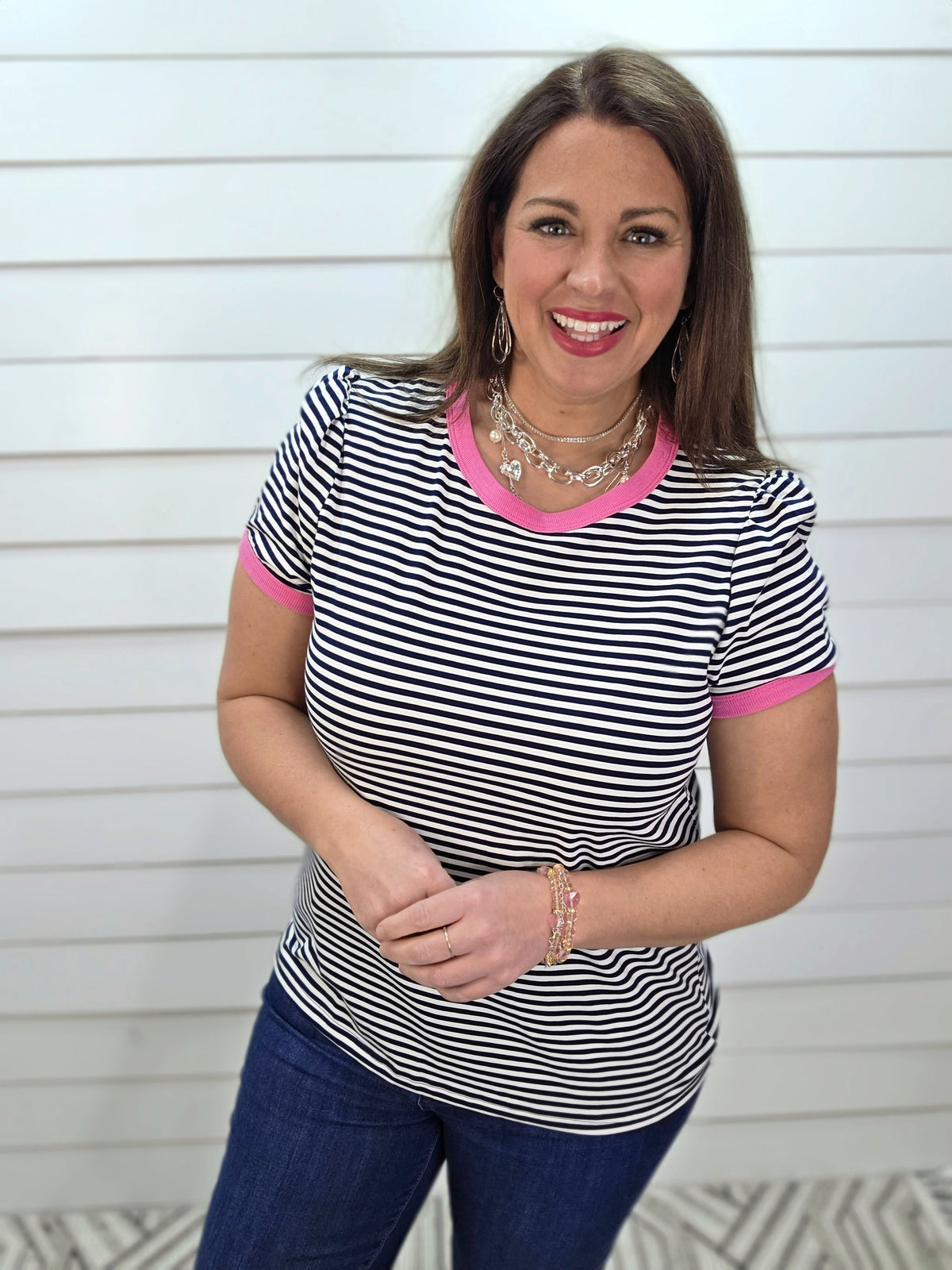 NAVY STRIPED KNIT TOP W/ PINK TRIM AND SMALL PUFF SLEEVE