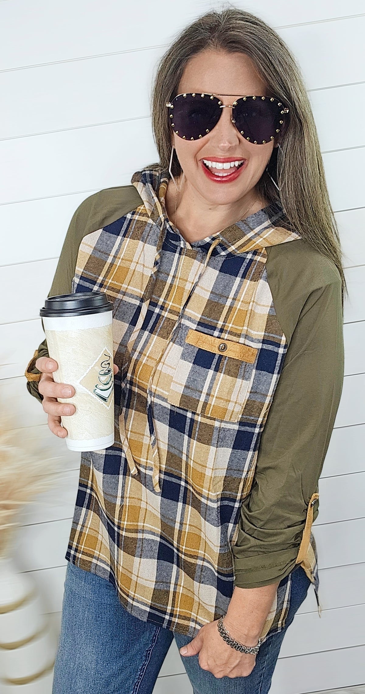 MUSTARD/OLIVE PLAID RAGLAN HOODED TOP W/ ROLL UP SLEEVE