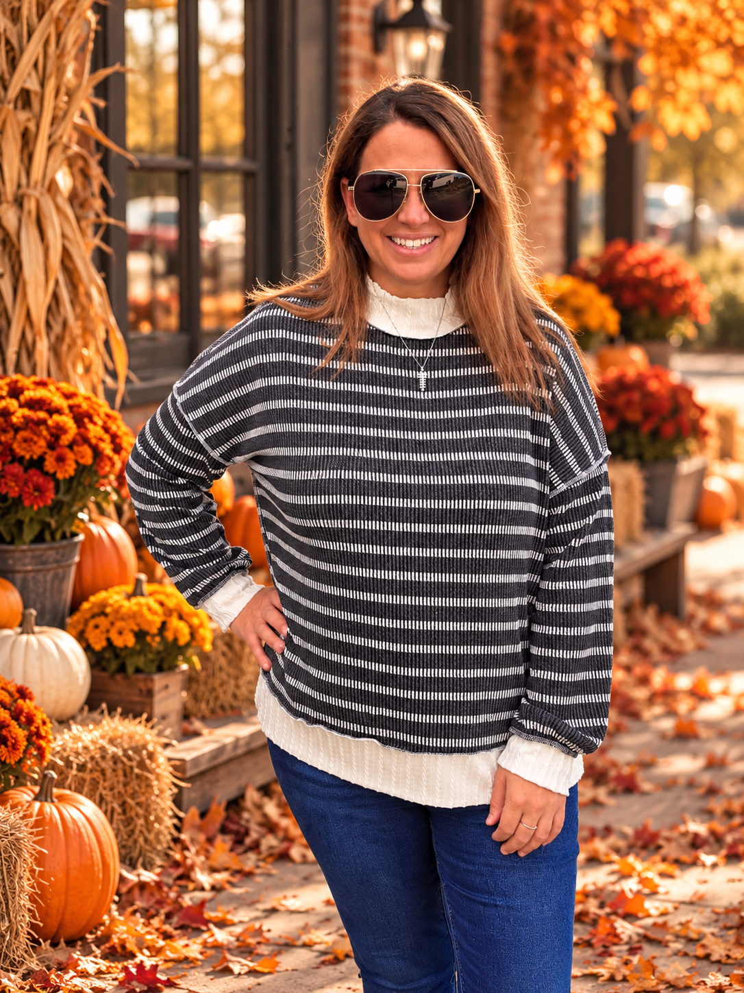 Charcoal Mock Neck Long Sleeve Oversized Loose Fit Striped Knit Top