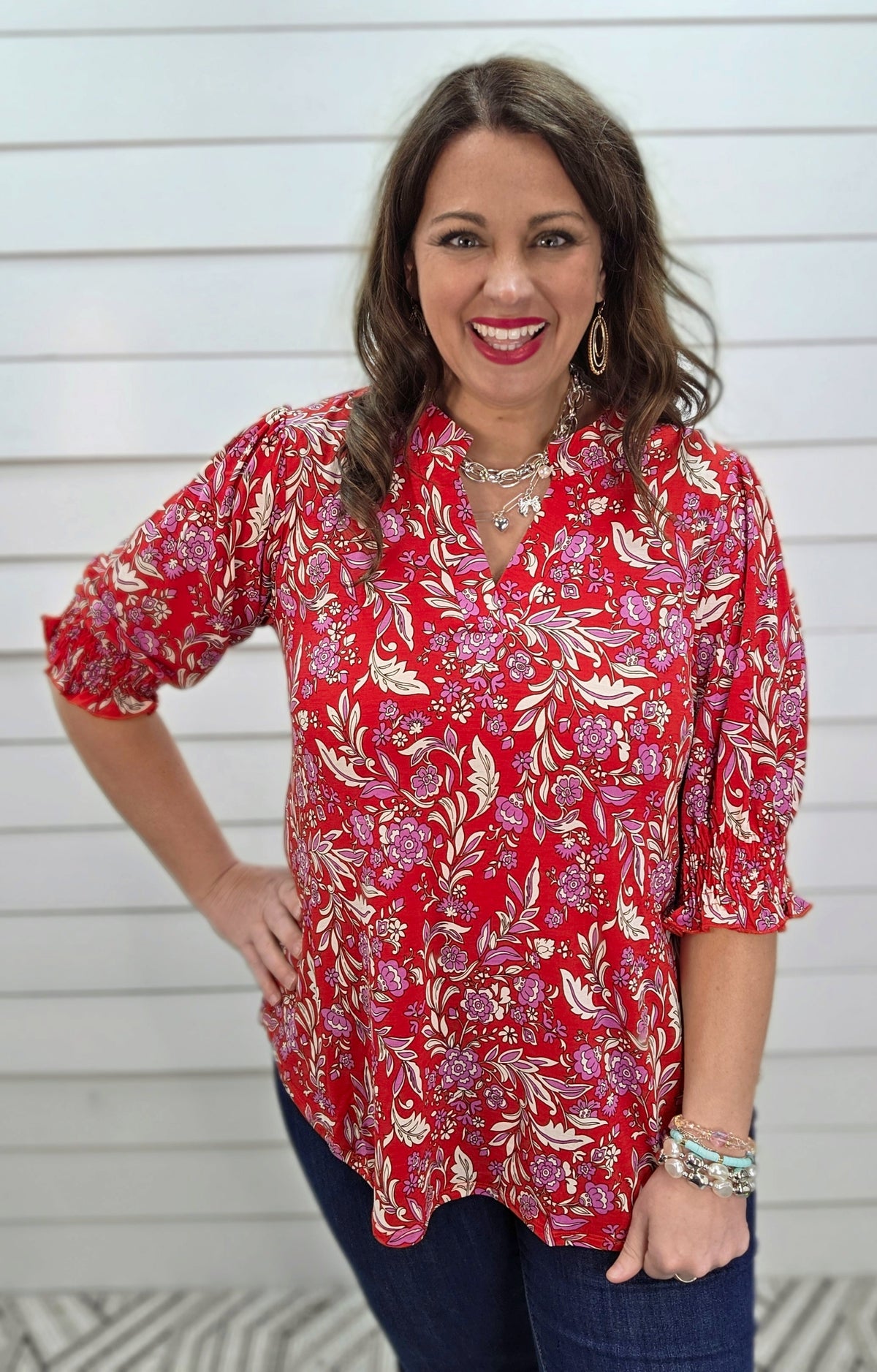 DEAR SCARLETT SMOCKED TOP - RED PRINTED