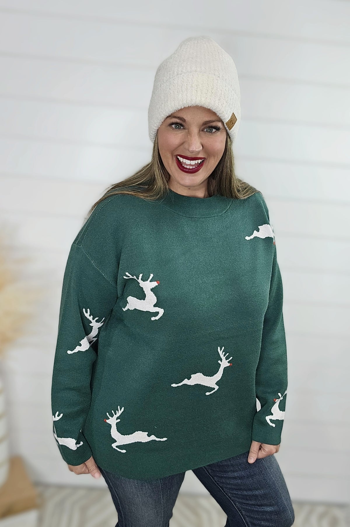 GREEN MOCK NECK REINDEER SWEATER