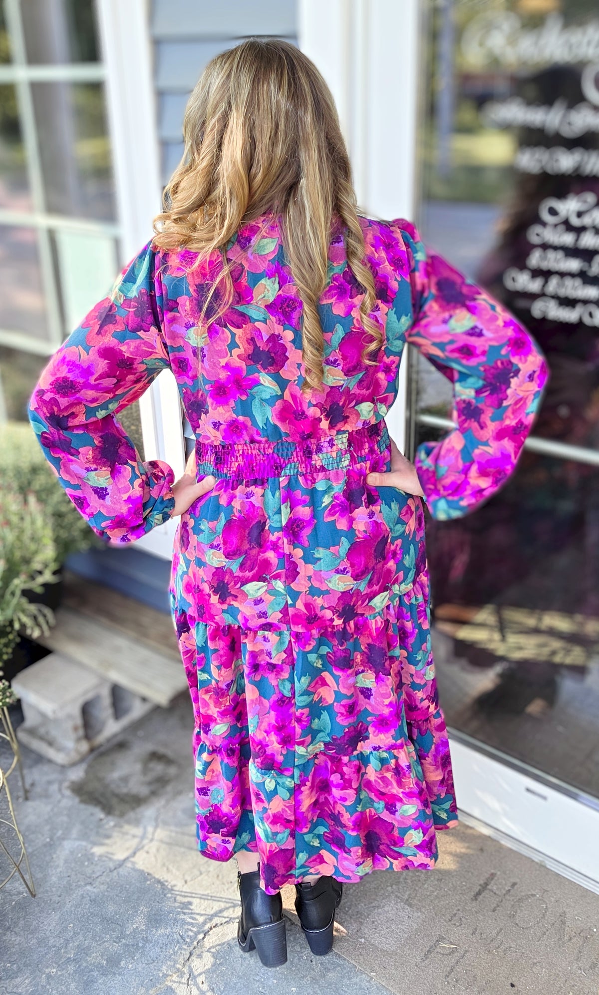 HUNTER GREEN/MAGENTA FLORAL ELASTIC WAIST DRESS