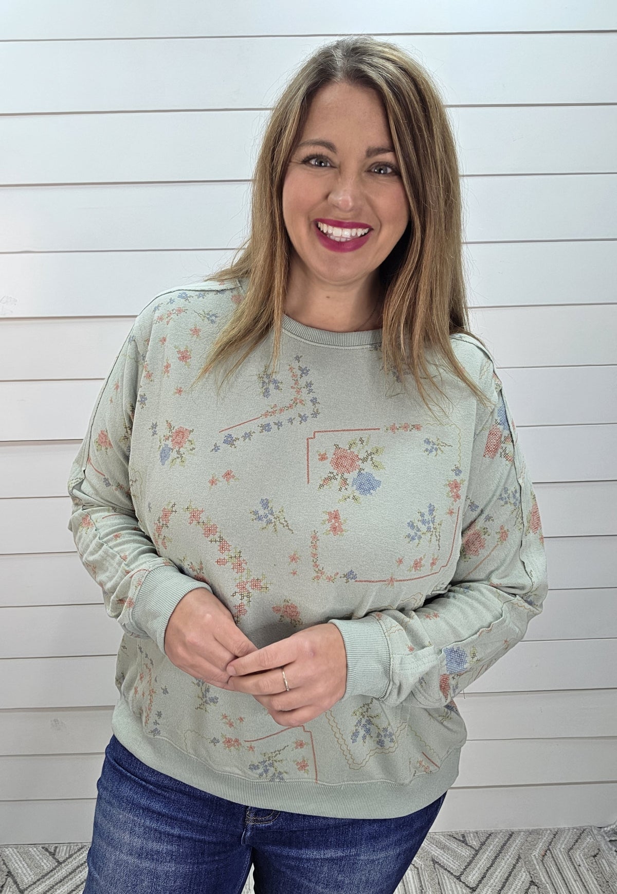 DUSTY BLUE FLORAL VICTORIAN PRINT OVERSIZED TOP