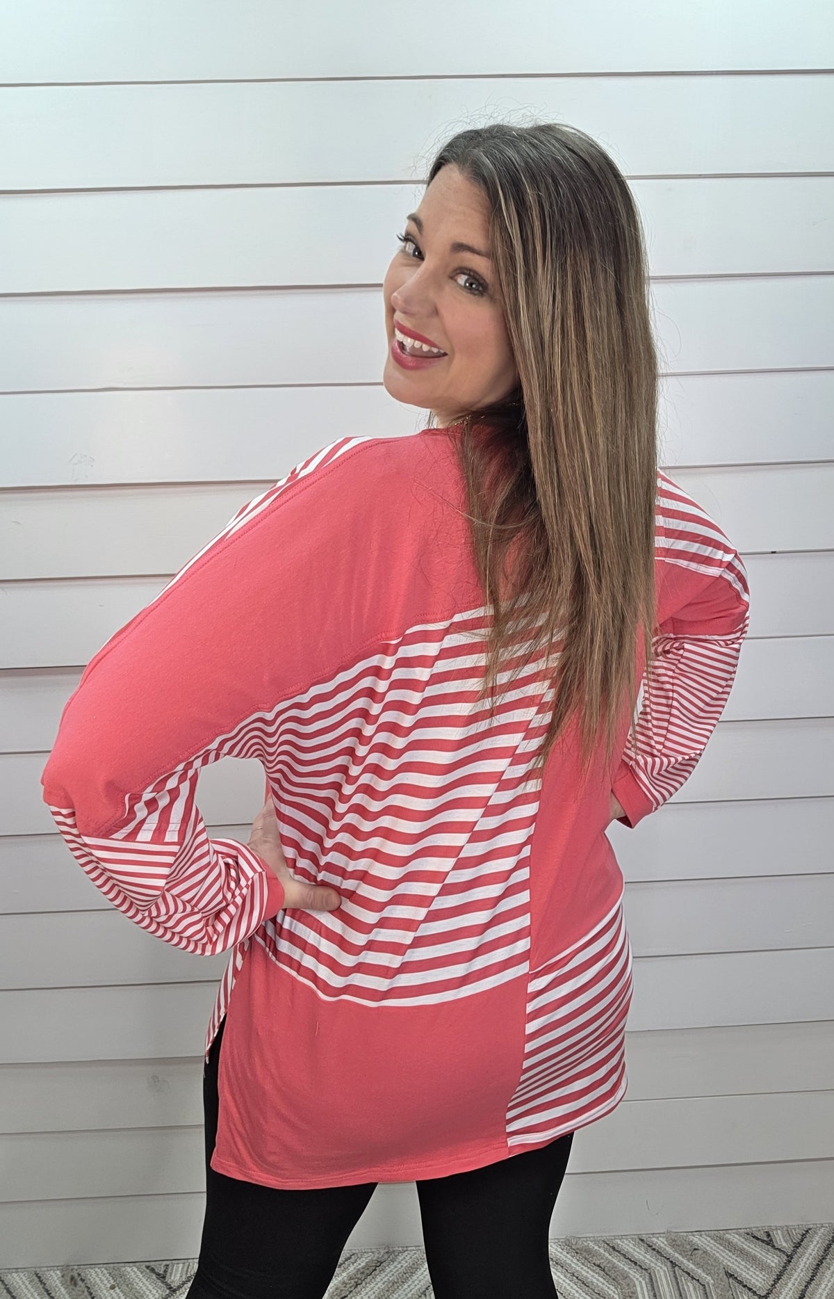 PINK BLOCK STRIPED DROP SHOULDER LONG SLEEVE OVERSIZED TOP
