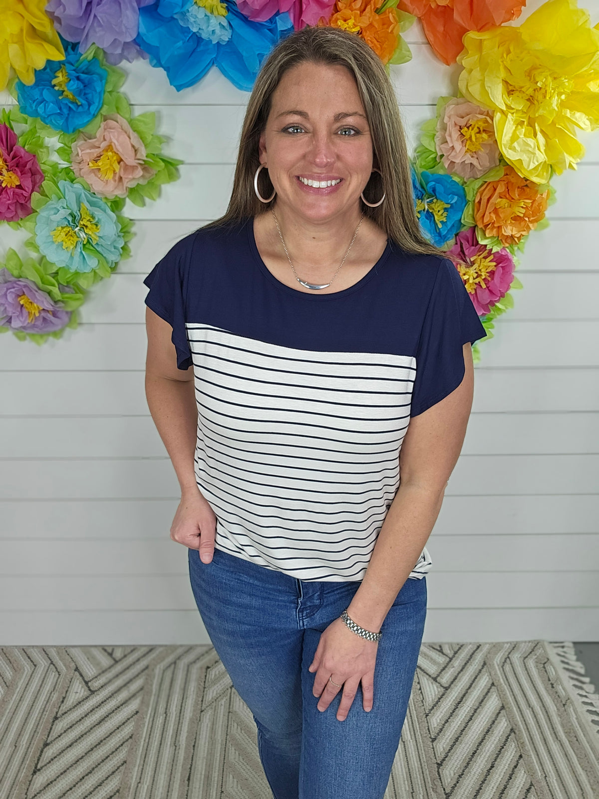 NAVY/STRIPED COLORBLOCK RUFFLE SLEEVE KNIT TOP