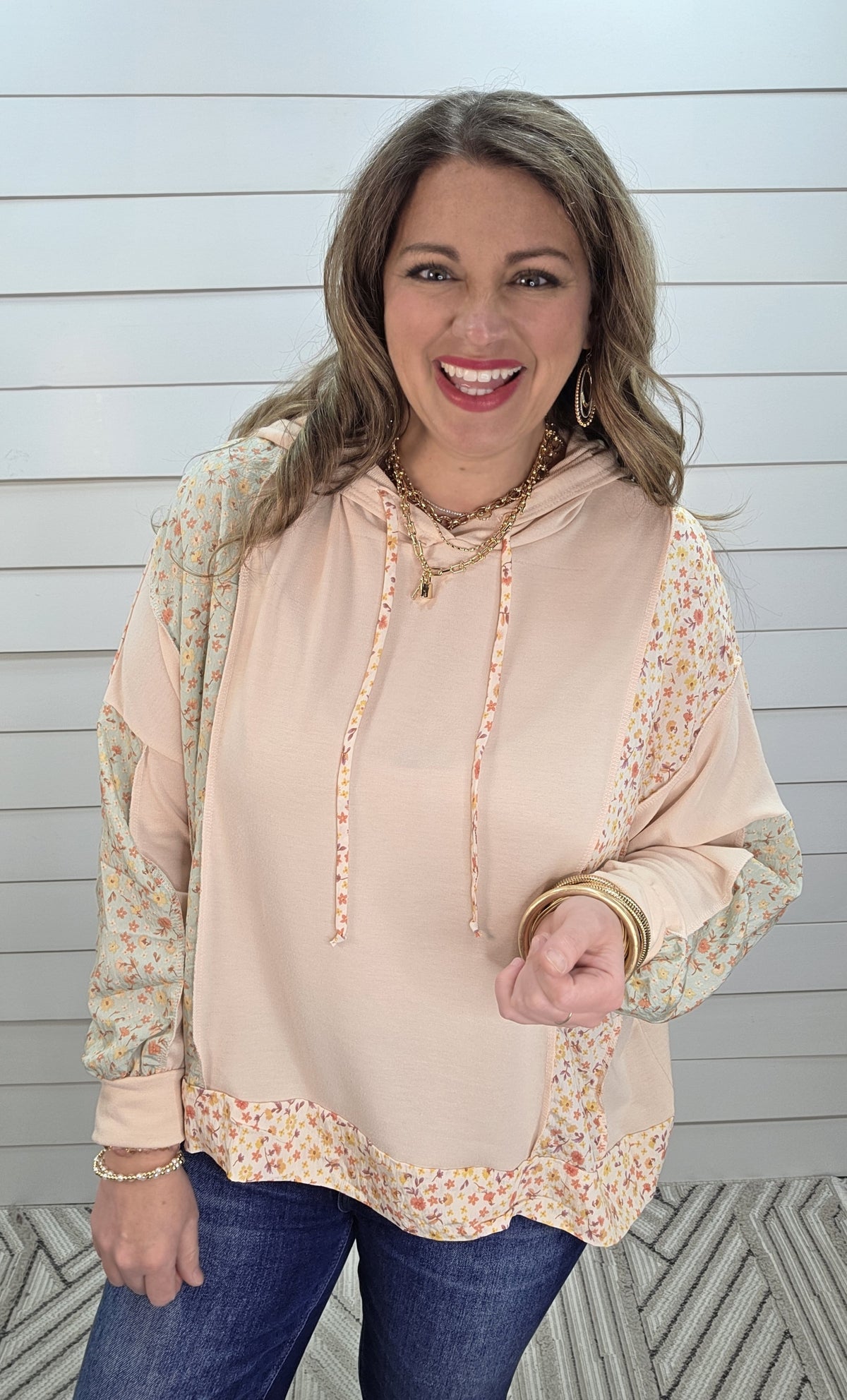 OATMEAL DITSY FLORAL CONTAST LOOSE FIT HOODIE