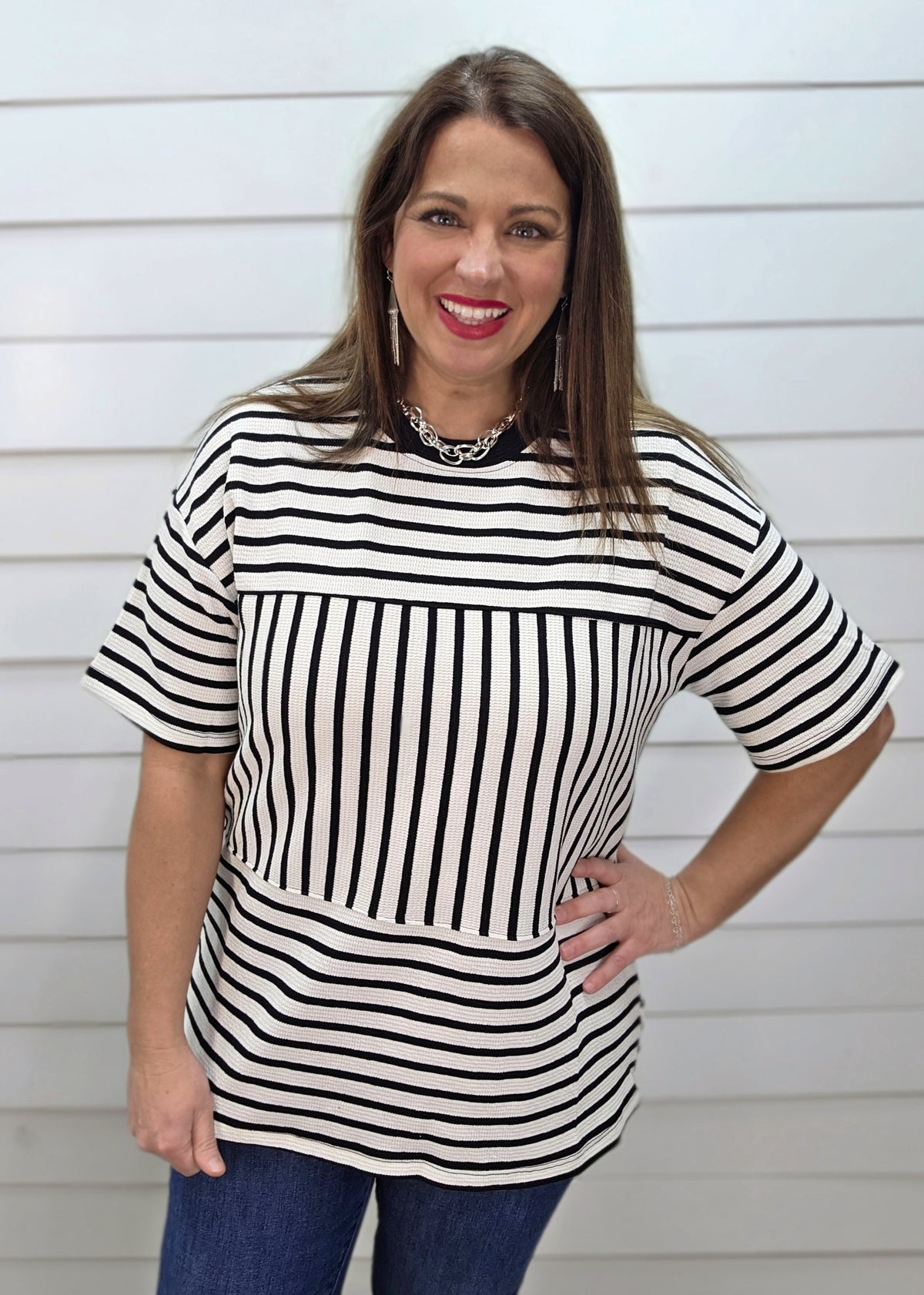 IVORY/BLACK STRIPED CONTRAST CLOUD KNIT TOP