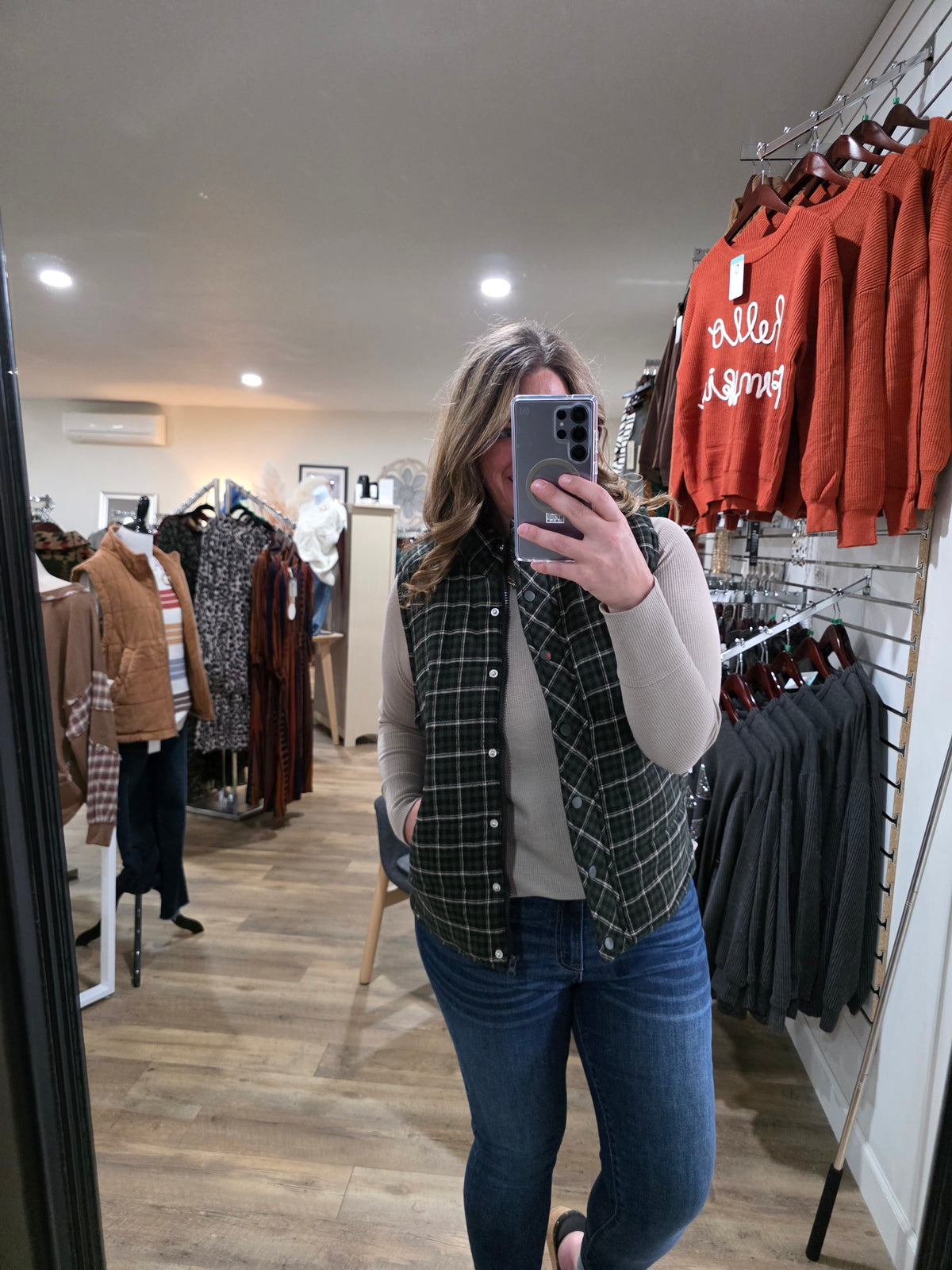 DK GREEN CHECK PLAID SNAP/ZIPPER VEST