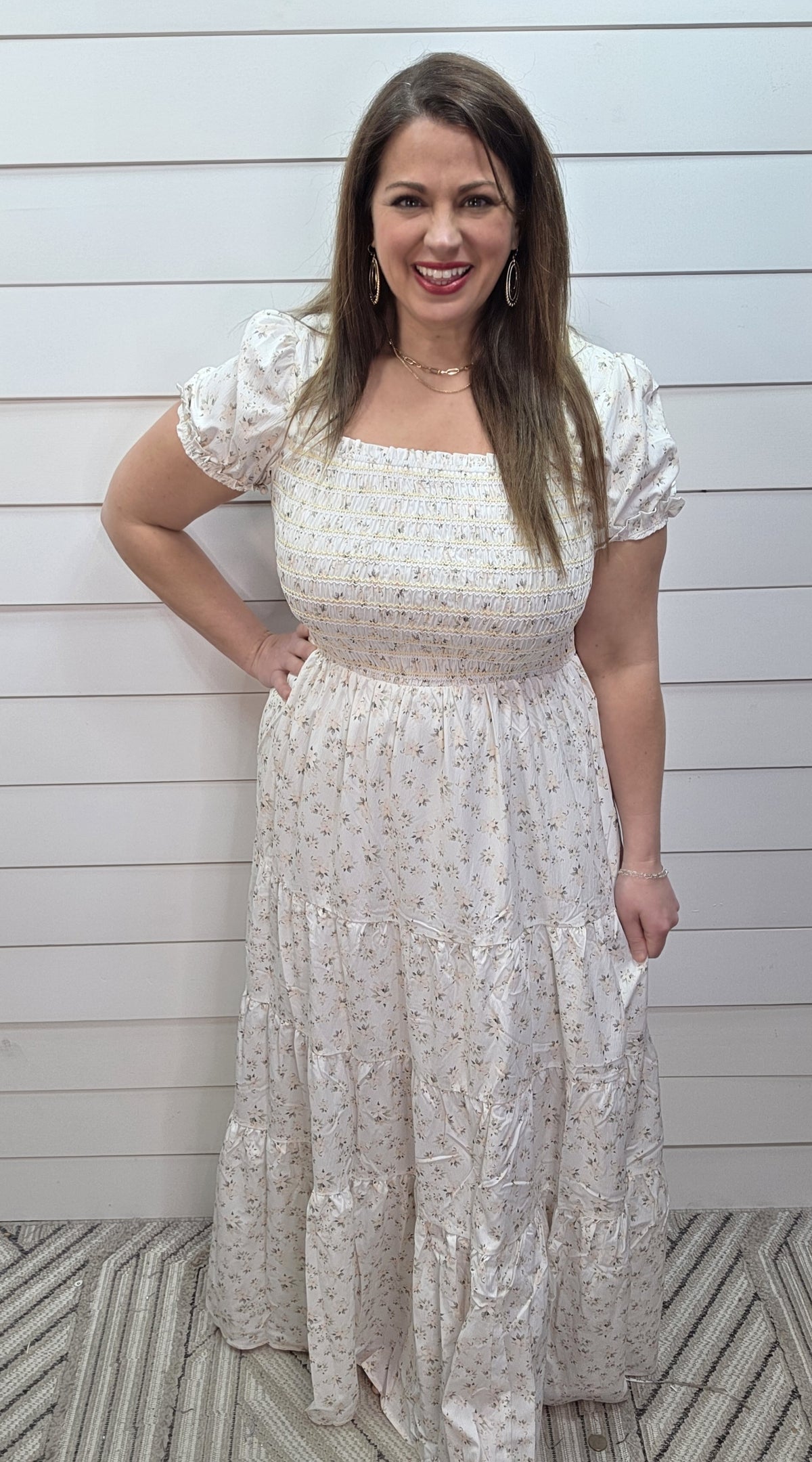 WHITE FLORAL LONG DRESS WITH SMOCKED TOP