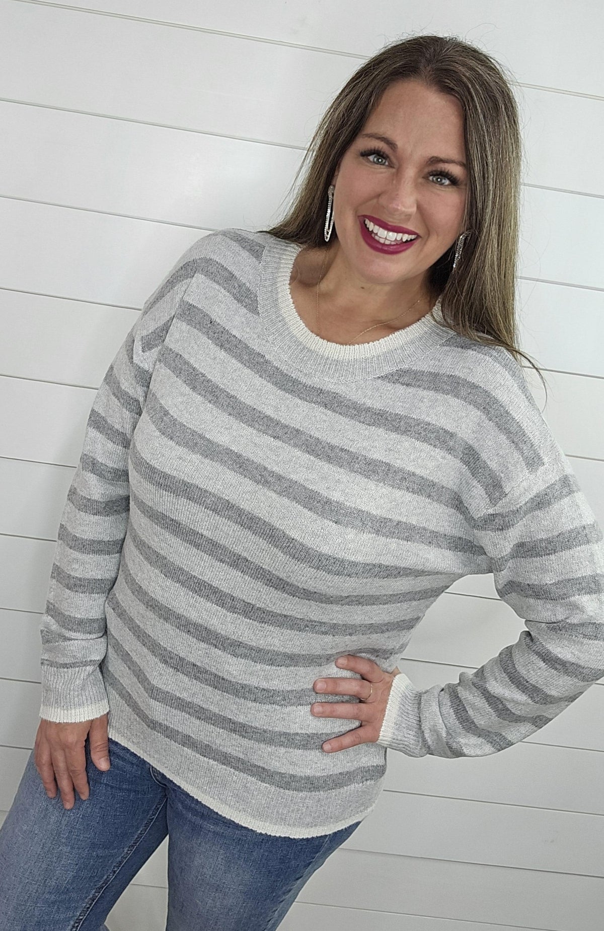 H GREY STRIPED ULTRA SOFT CREW NECK SWEATER