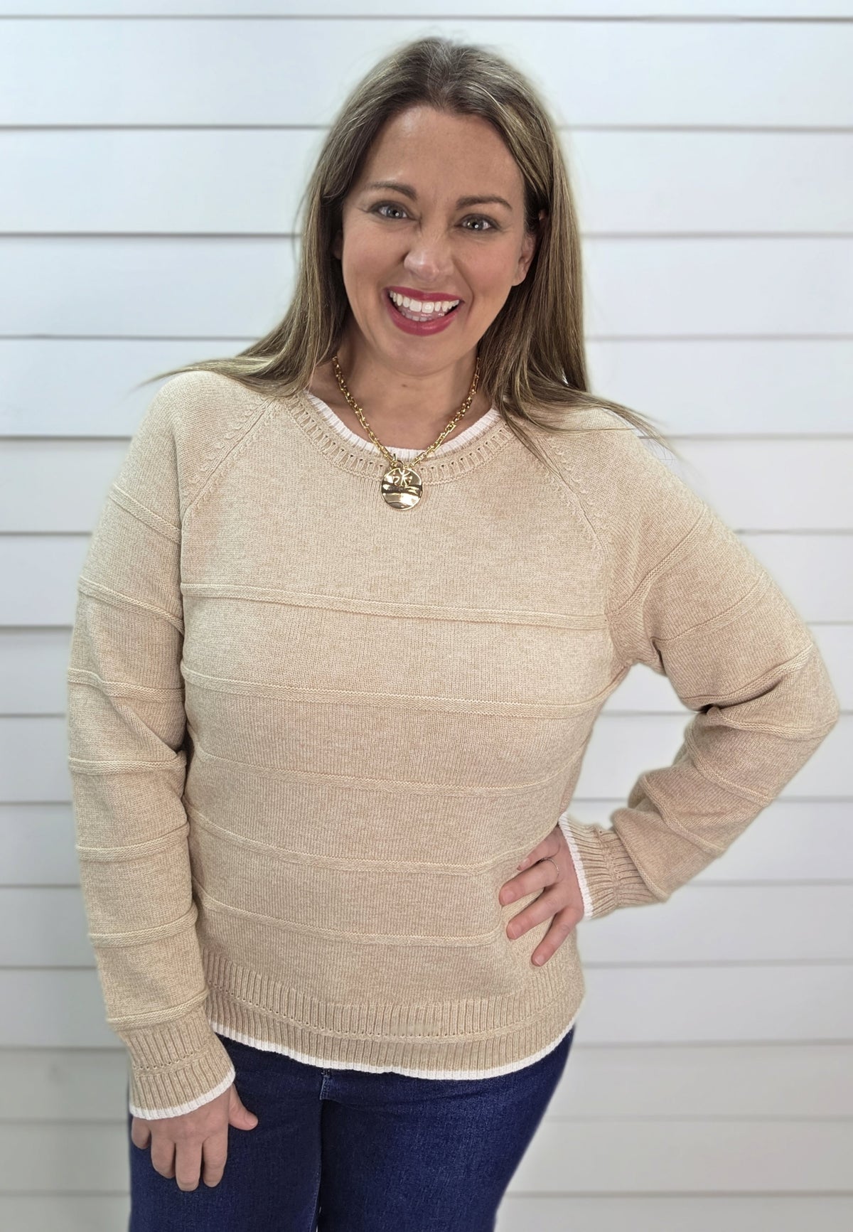 OATMEAL TEXTURED STRIPED PULLOVER SWEATER