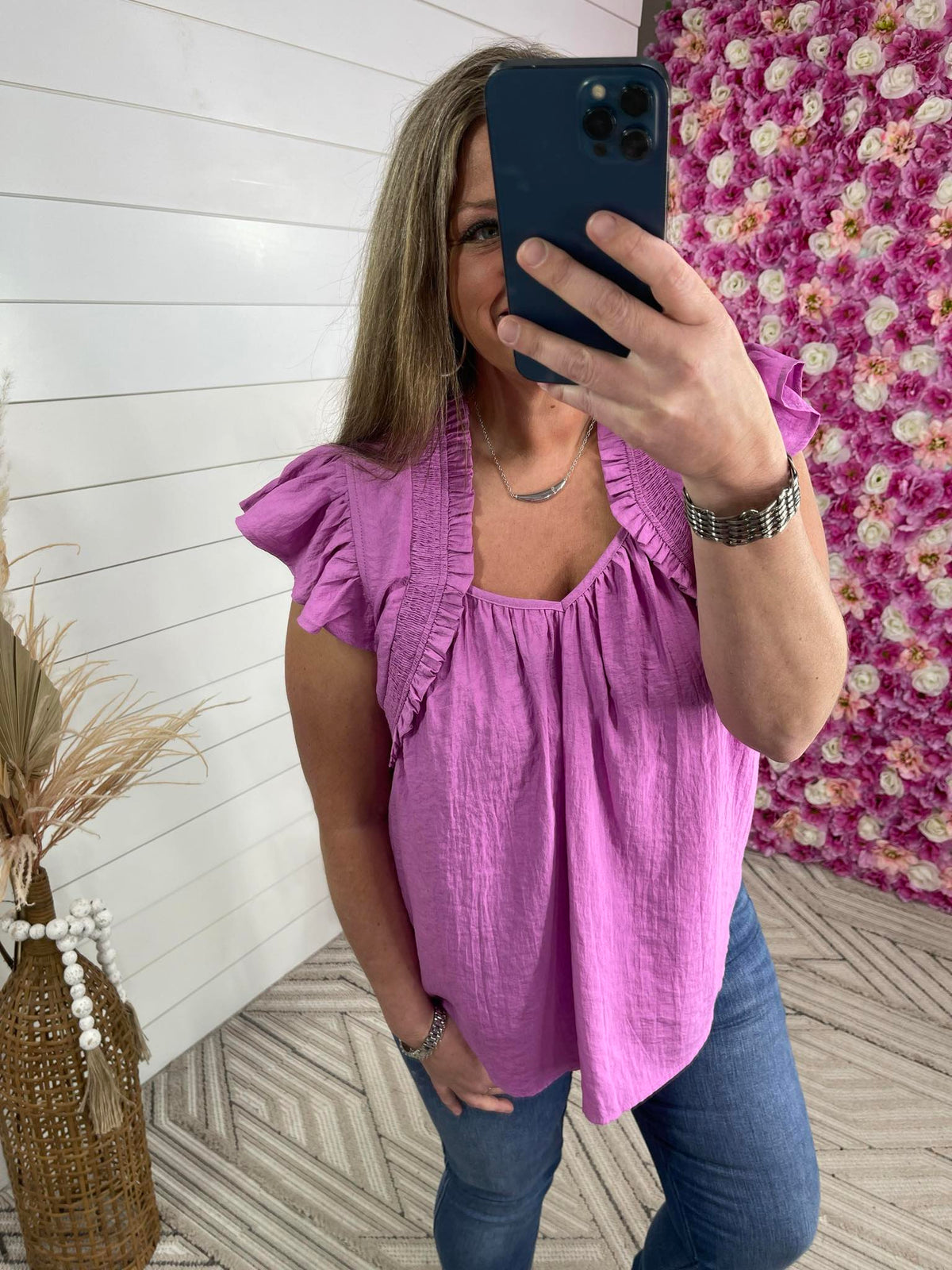 ORCHID SOLID RUFFLY CAP SLEEVES TOP