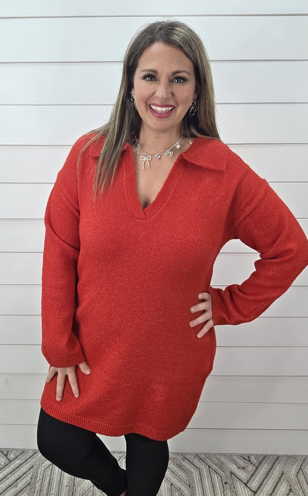 RED V NECK LAY DOWN COLLAR SWEATER DRESS