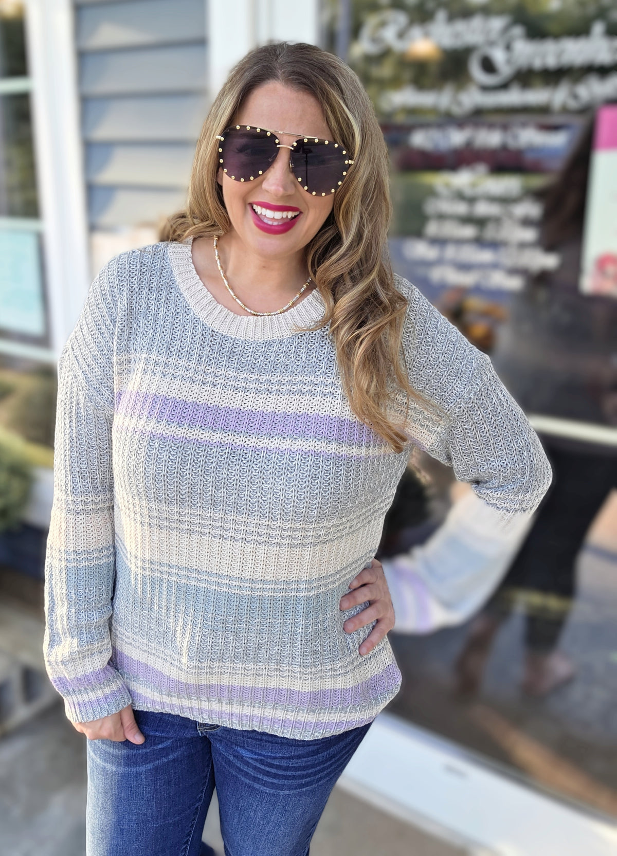 CREAM/GREY/LAV COLORBLOCK KNIT SWEATER