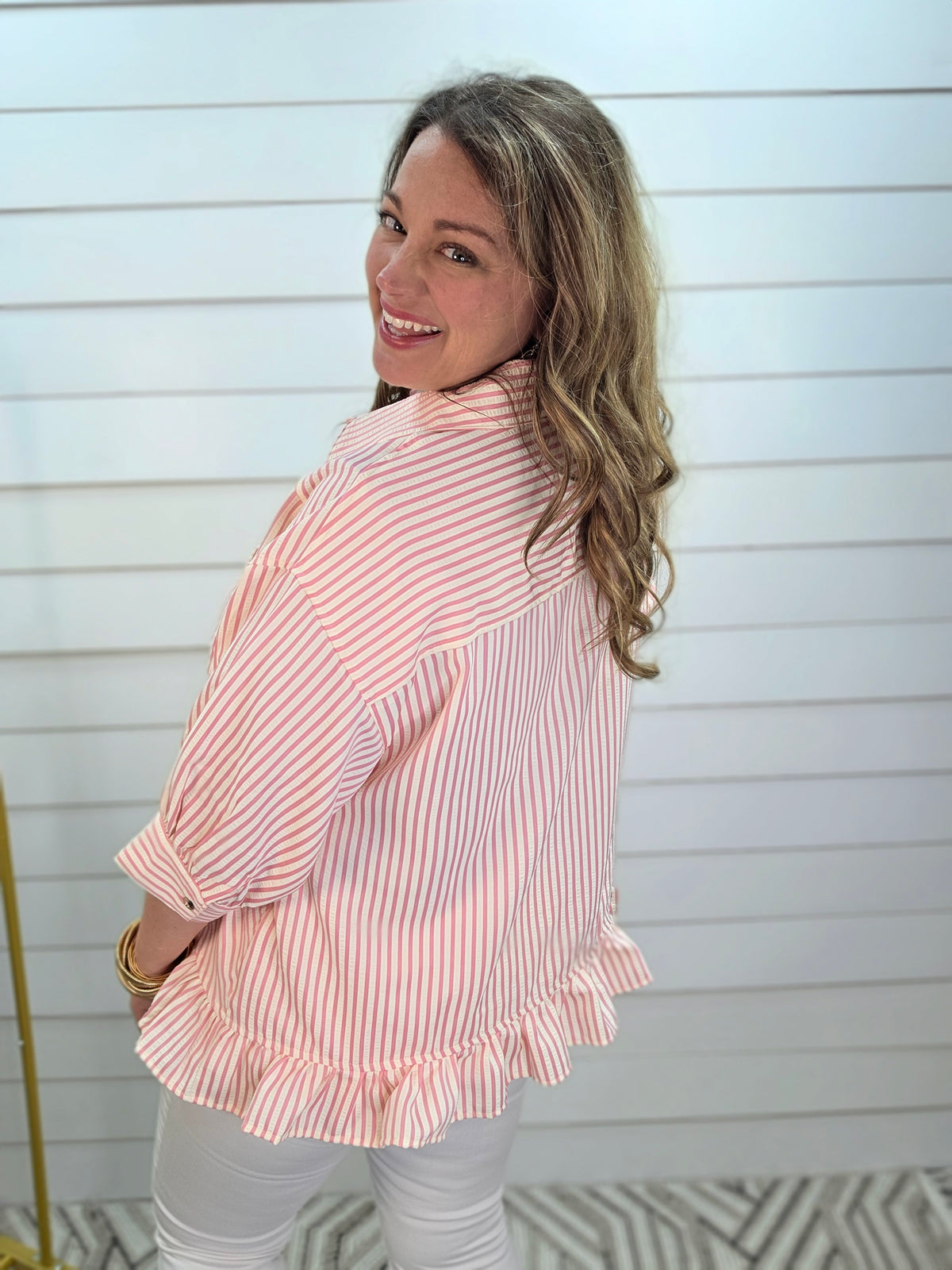 PINK STRIPED BUTTON DOWN RUFFLE TOP