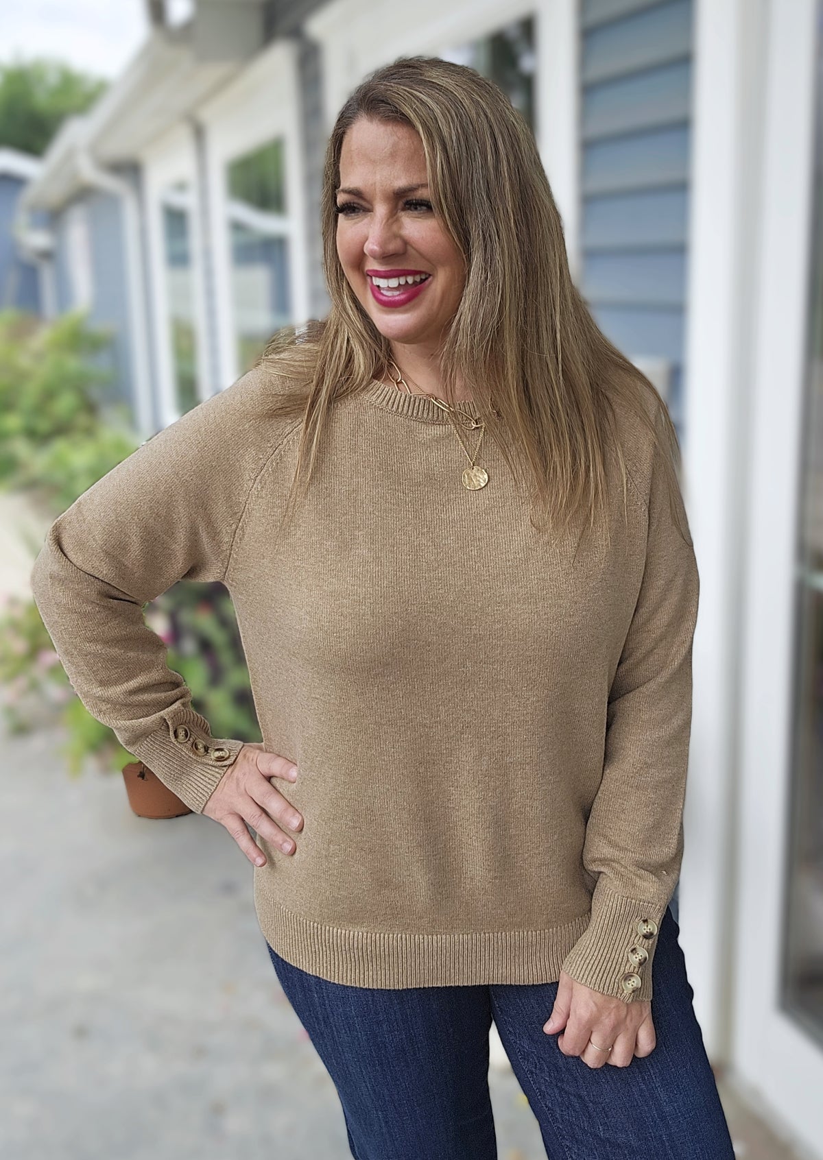 MOCHA ULTRA SOFT BUTTON CUFF TRIM SWEATER