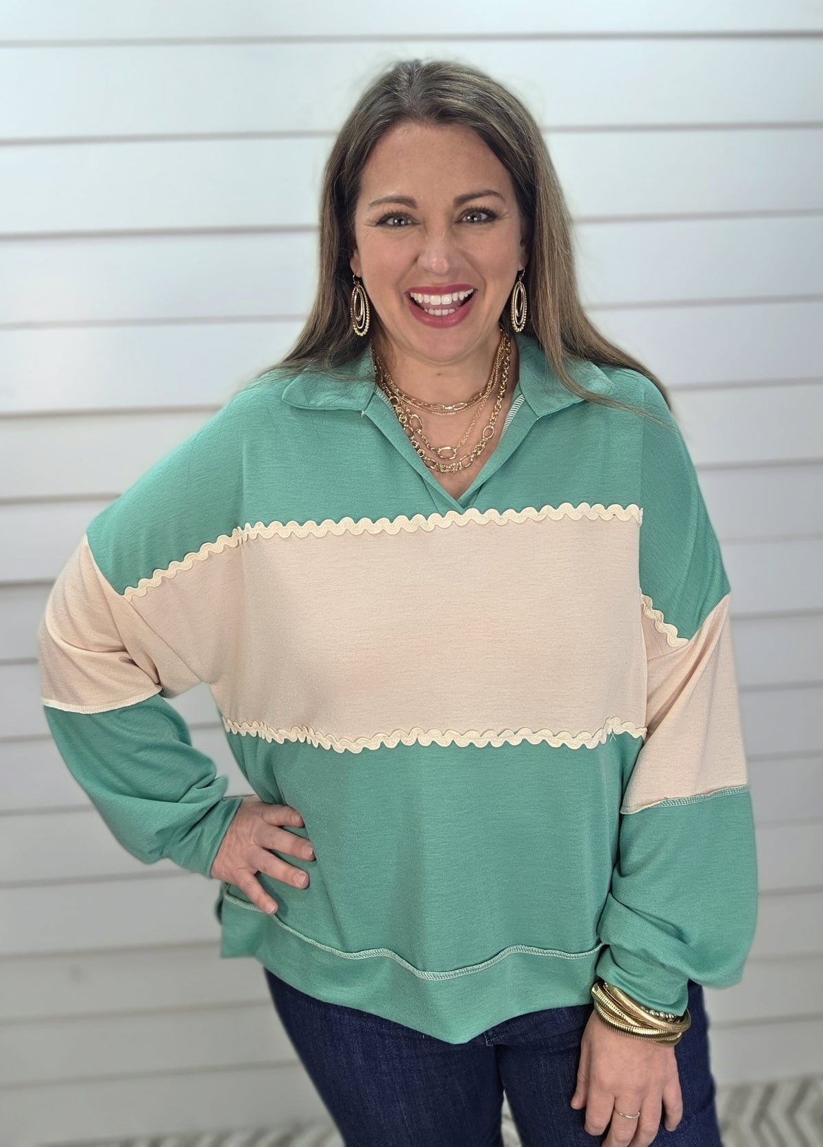 TEAL/OATMEAL COLORBLOCK LIGHT WEIGHT FRENCH TERRY TOP W/ RIC RAC TRIM