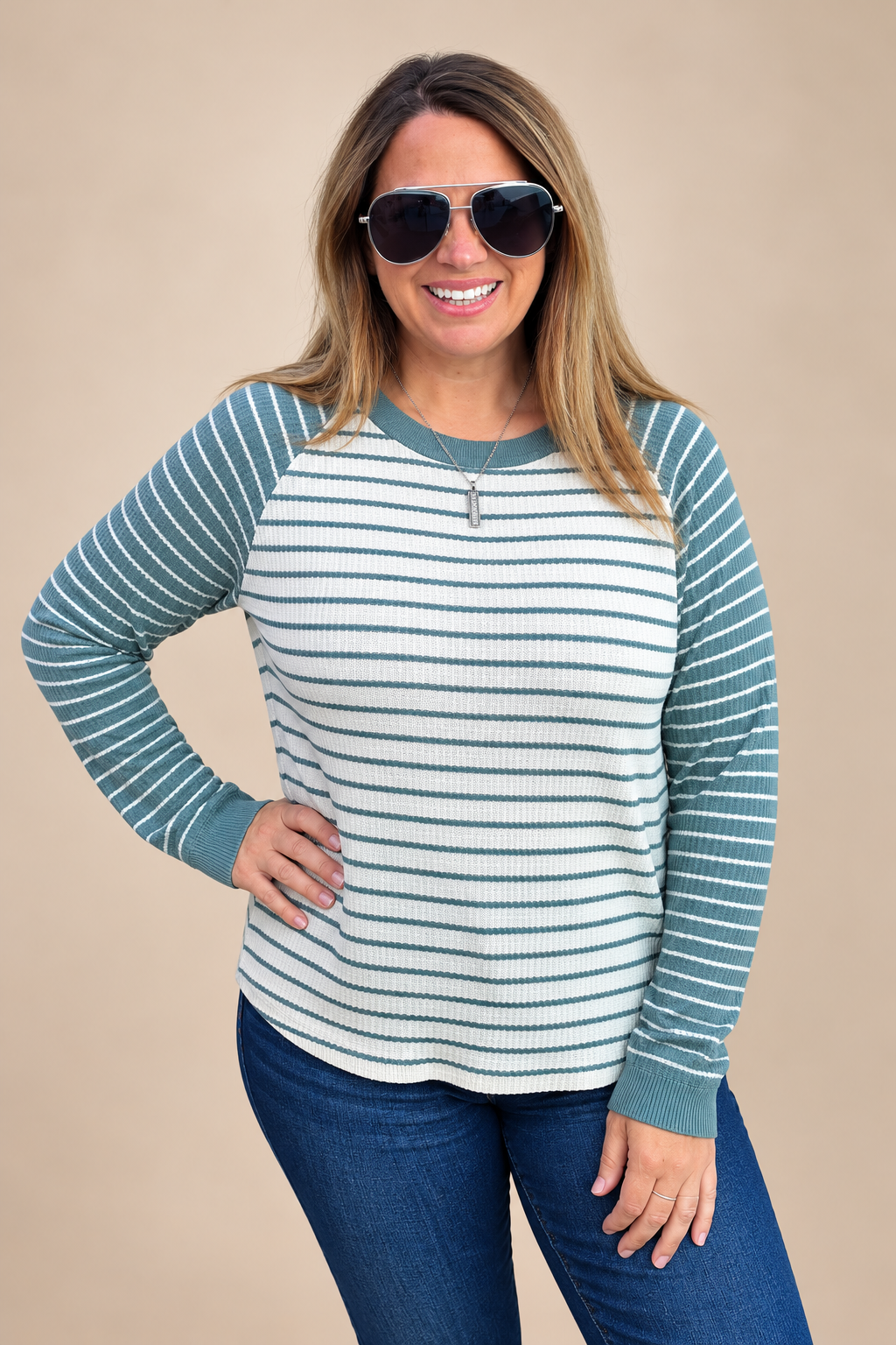 DARK SAGE/ OFF WHTIE Textured Stripe Crew Nk Raglan Sleeve Pullover Sweater