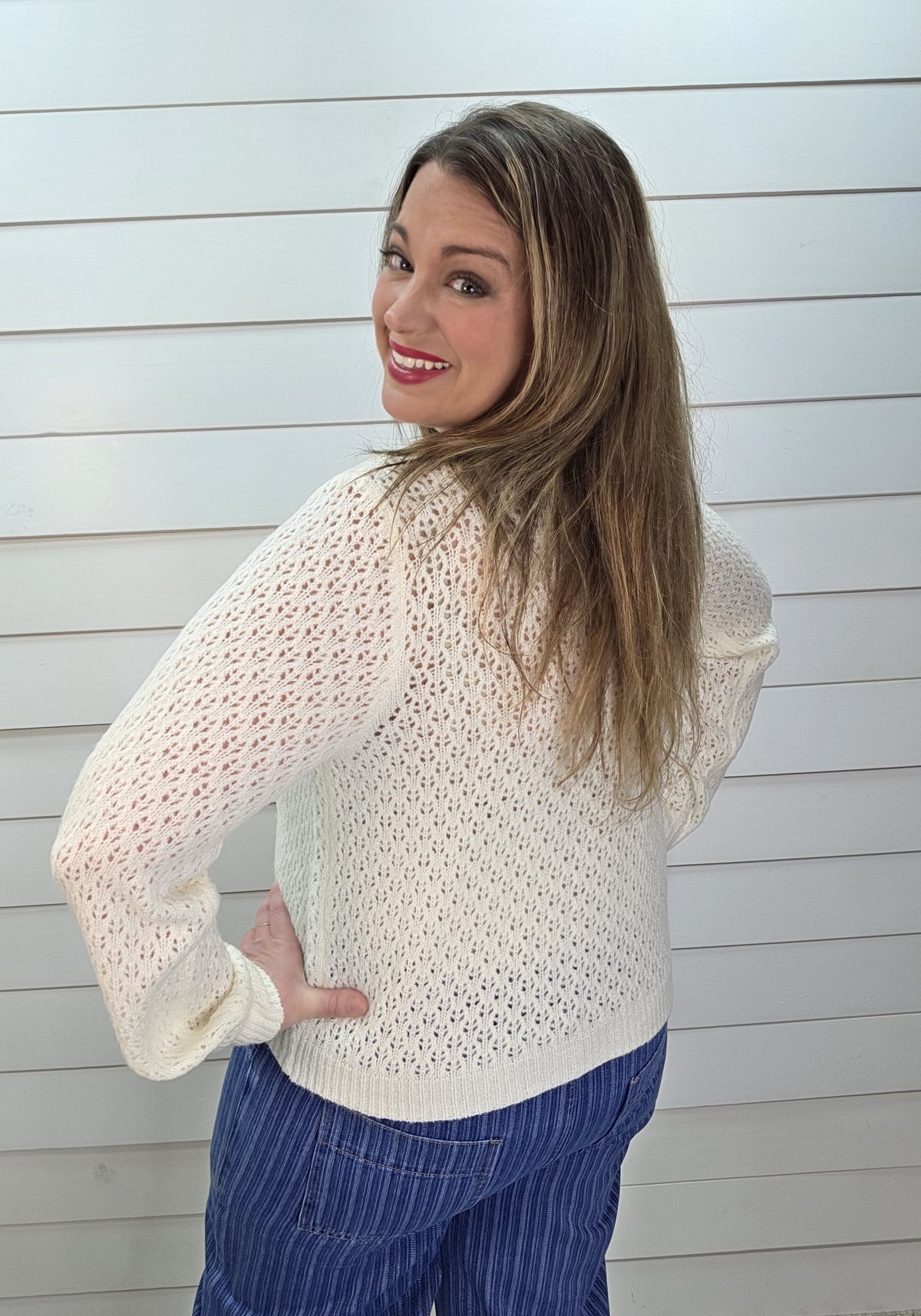 CREAM KNIT EYELET BUTTON DOWN KNIT CARDIGAN