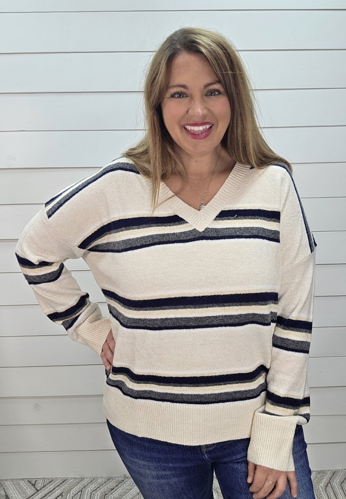 OATMEAL STRIPED V NECK KNIT SWEATER