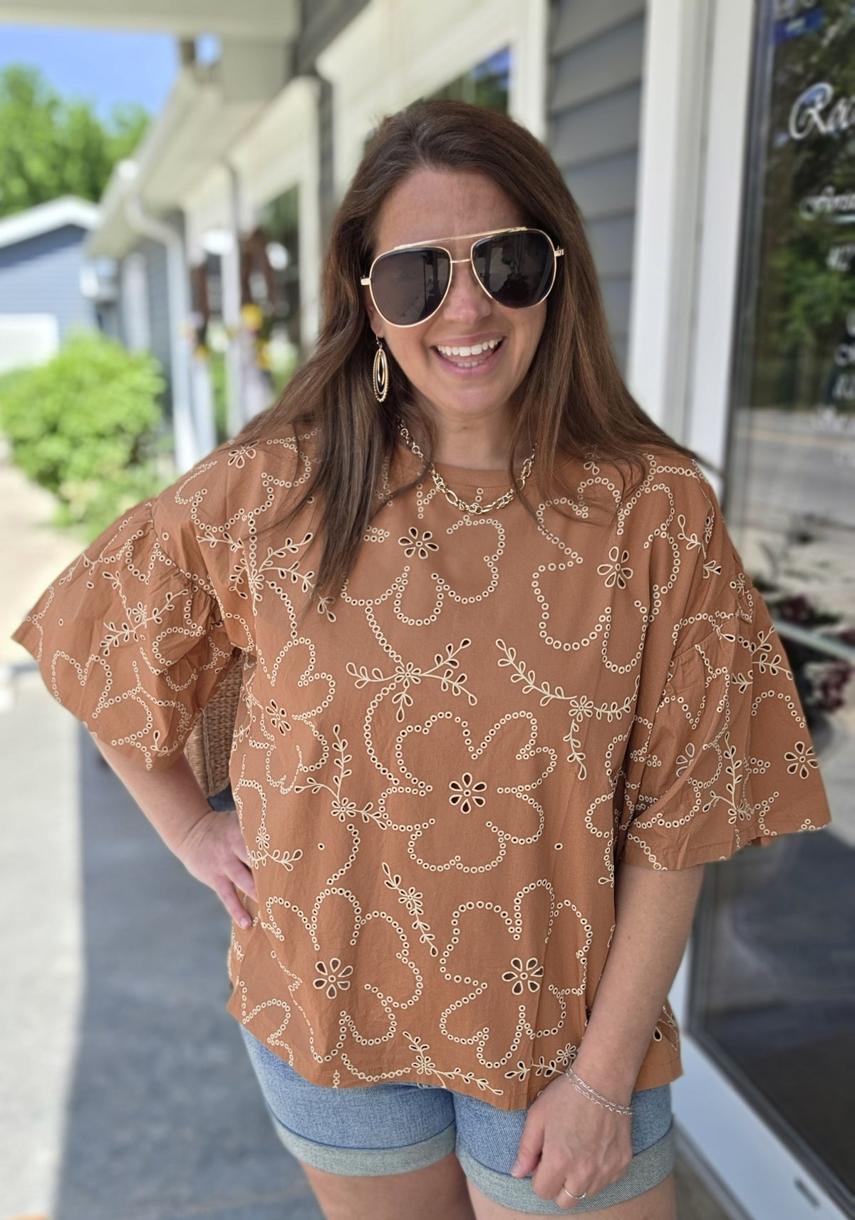 CAMEL OVERSIZED FLORAL CUT OUT TOP