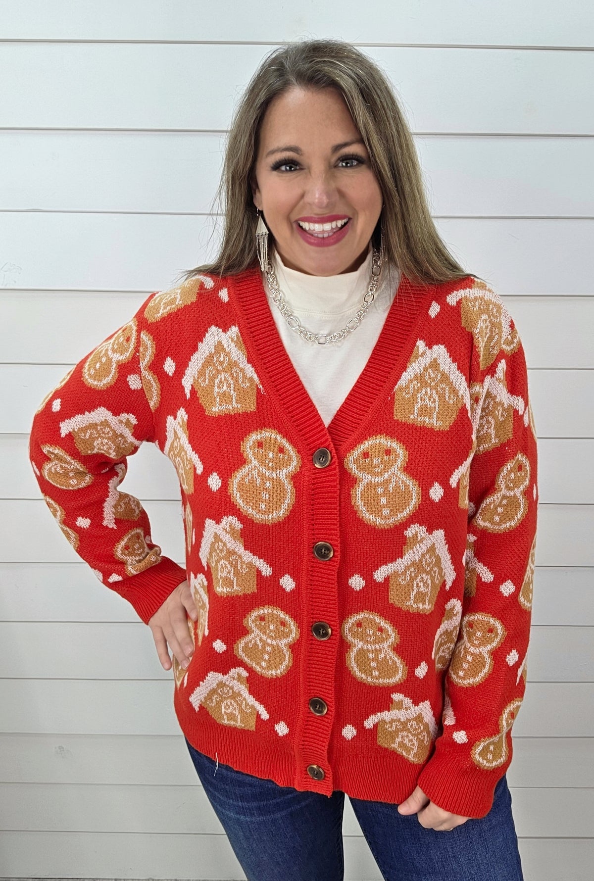 RED GINGERBREAD BUTTON CARDIGAN SWEATER