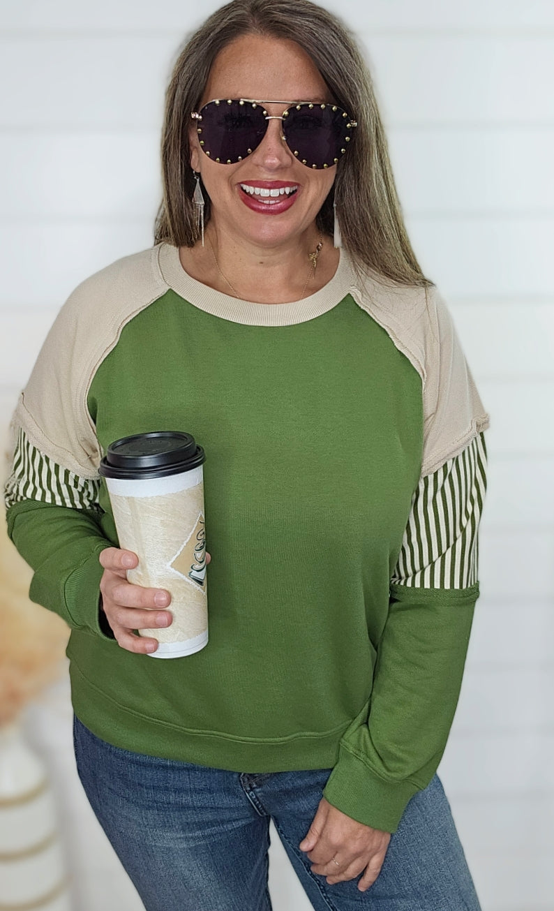 GREEN CREW NECK FRENCH TERRY COLORBLOCK TOP