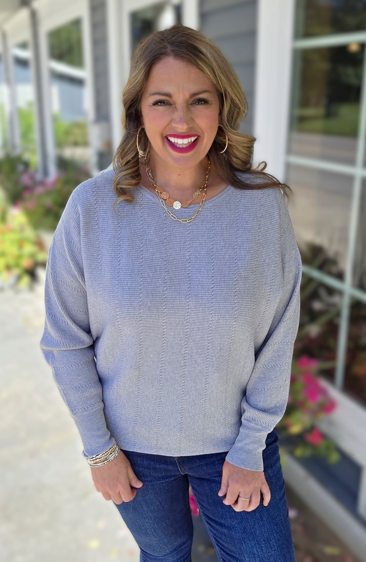 GREY TEXTURED DOLMAN SLEEVE BOAT NECK SWEATER