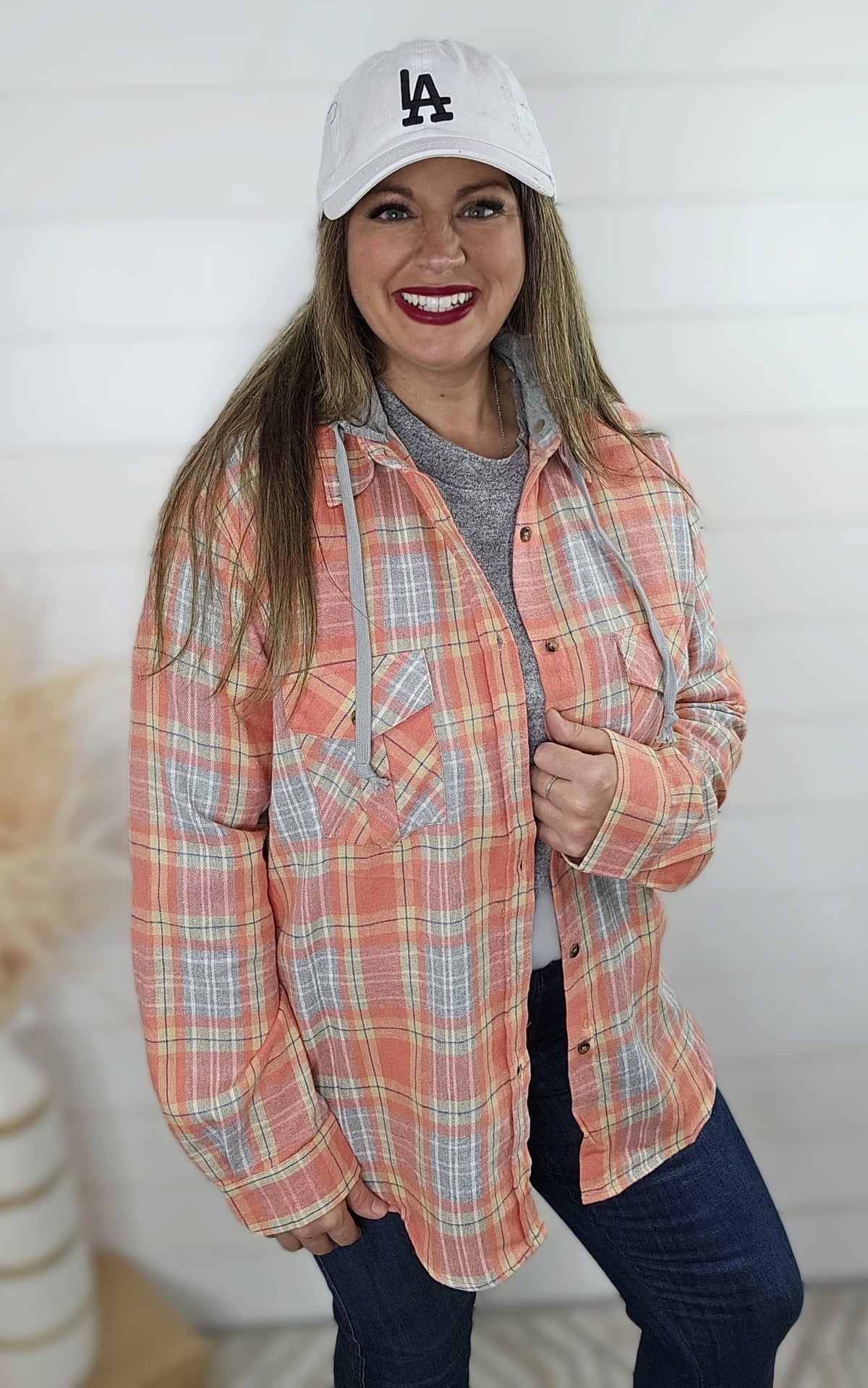 HOT CORAL/GREY PLAID BUTTON DOWN W/ REMOVEABLE HOOD