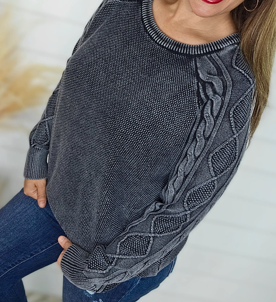 BLACK STONE WASHED CABLE-SLEEVE CREWNECK SWEATER