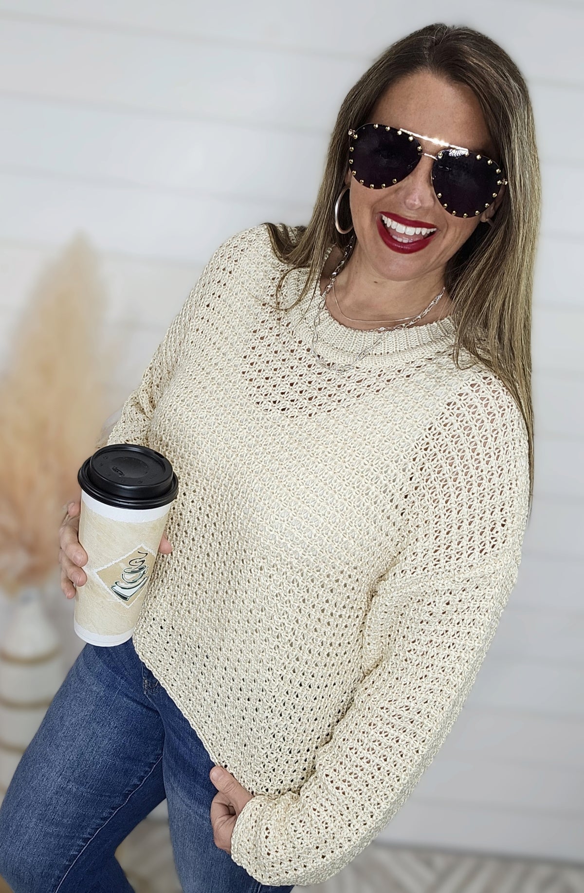 OATMEAL CREW NECK CROCHET KNIT SWEATER