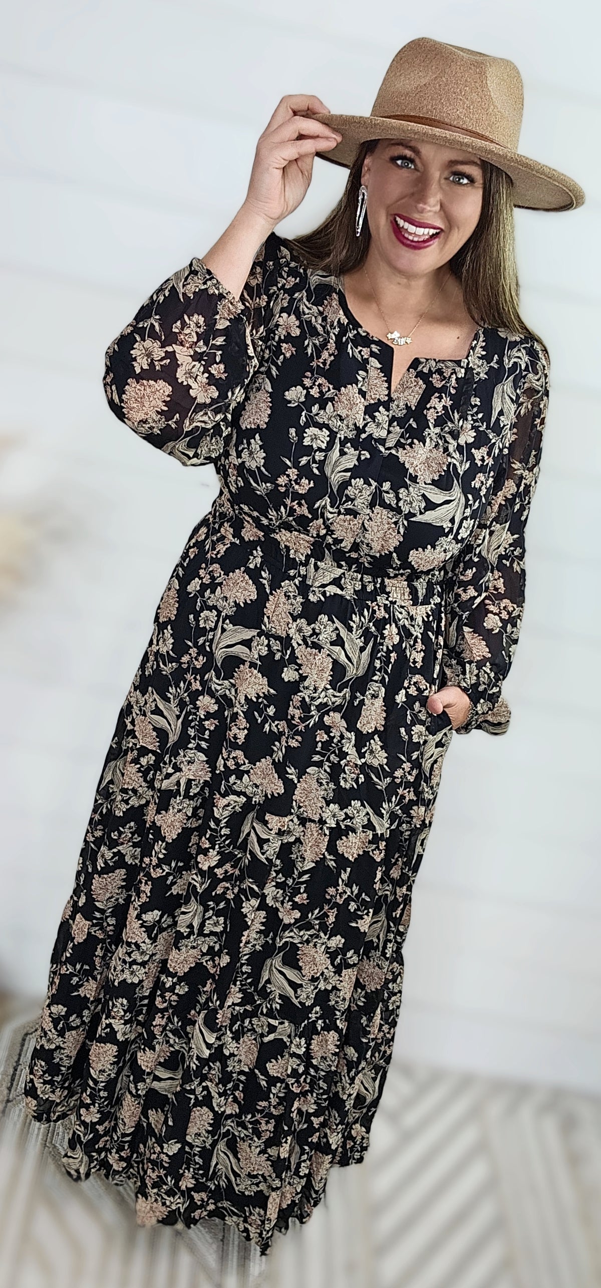 BLACK FLORAL ELASTIC WAIST LONG DRESS