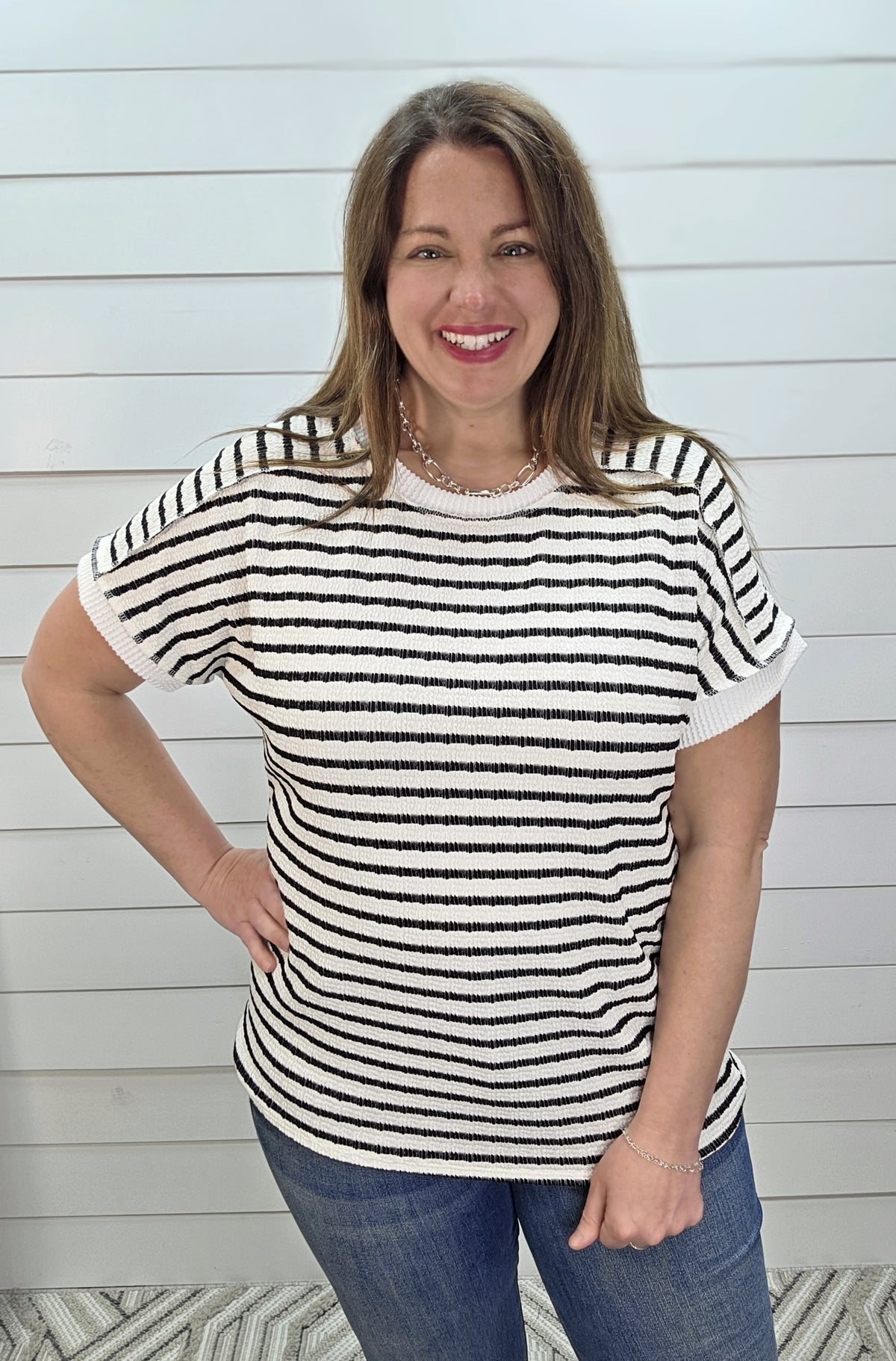 BLACK STRIPED TEXTURED KNIT TOP