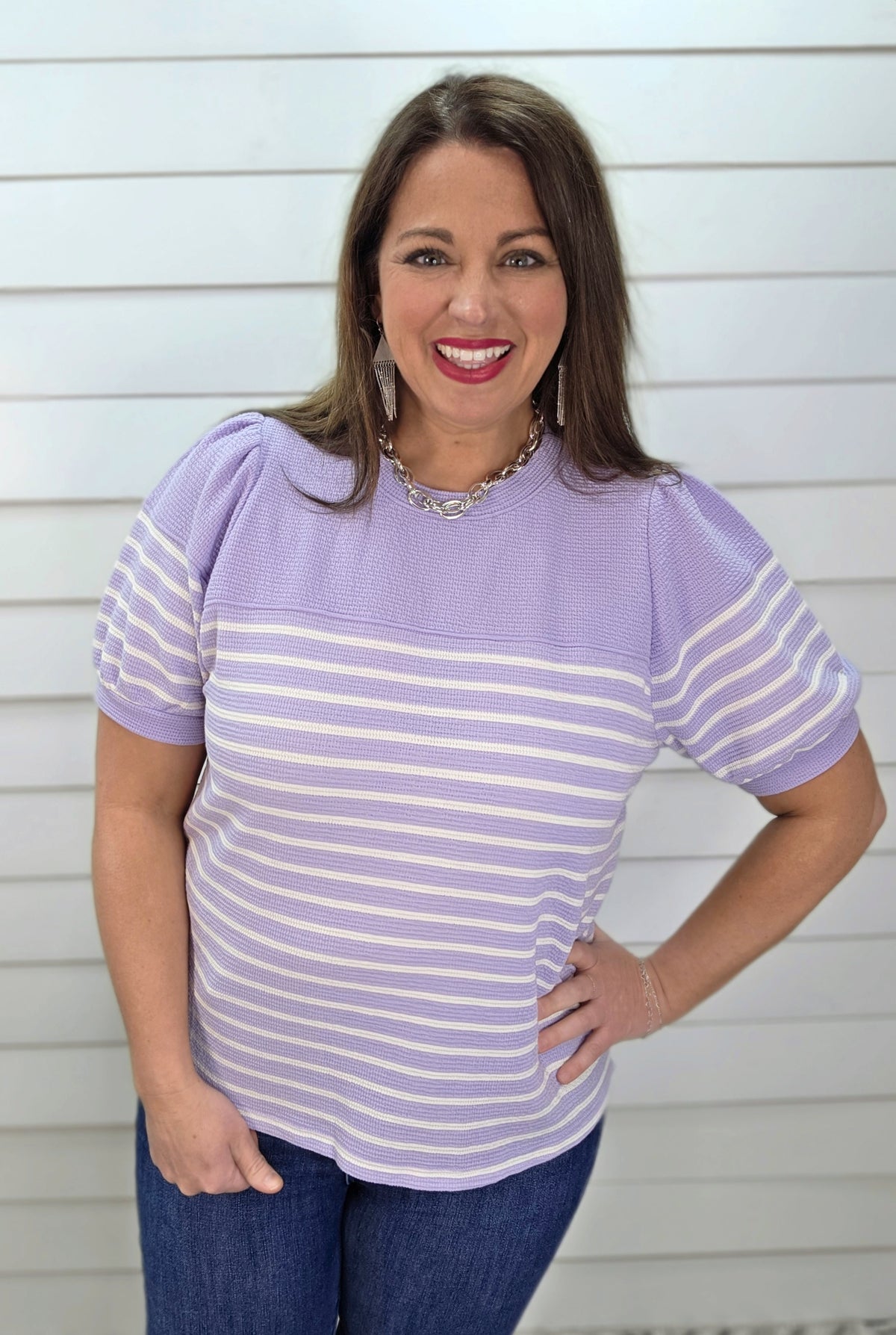 LAVENDER STRIPED CLOUD FABRIC W/ PUFF SLEEVE