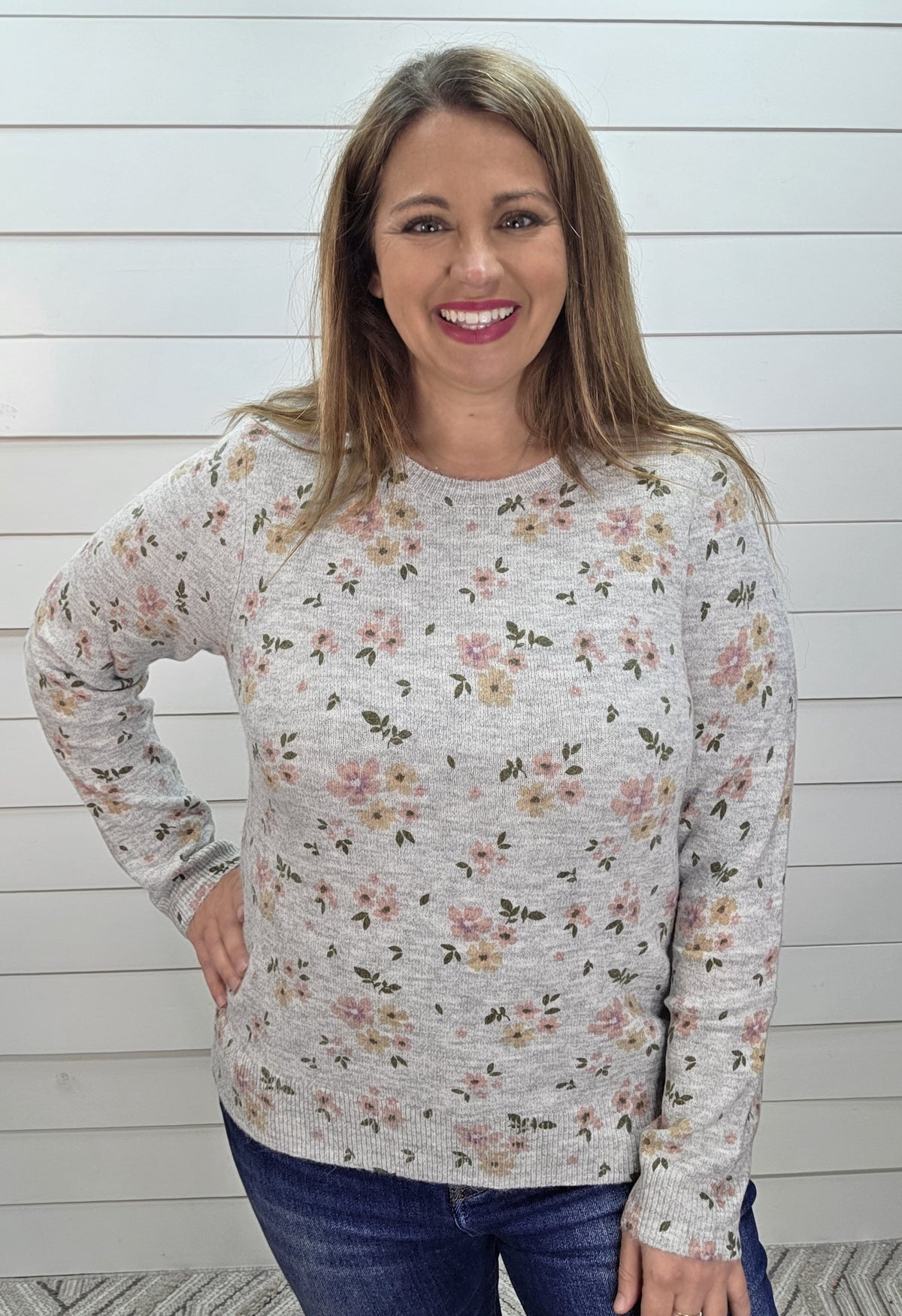 H GREY Flower Printed, Long Sleeve, Super Soft, Crew Neck Light Weight Sweater