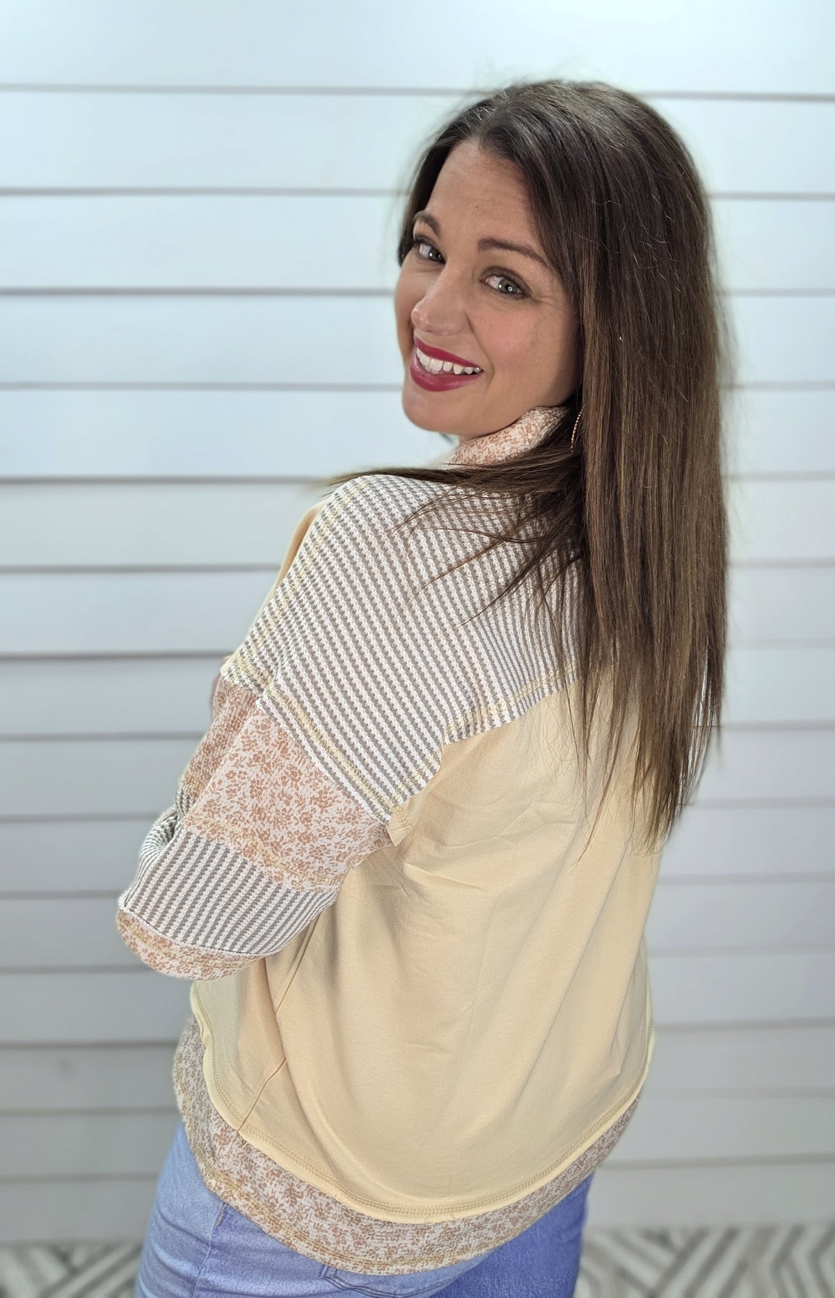 OATMEAL FLORAL/STRIPED HENLEY BUTTON KNIT TOP