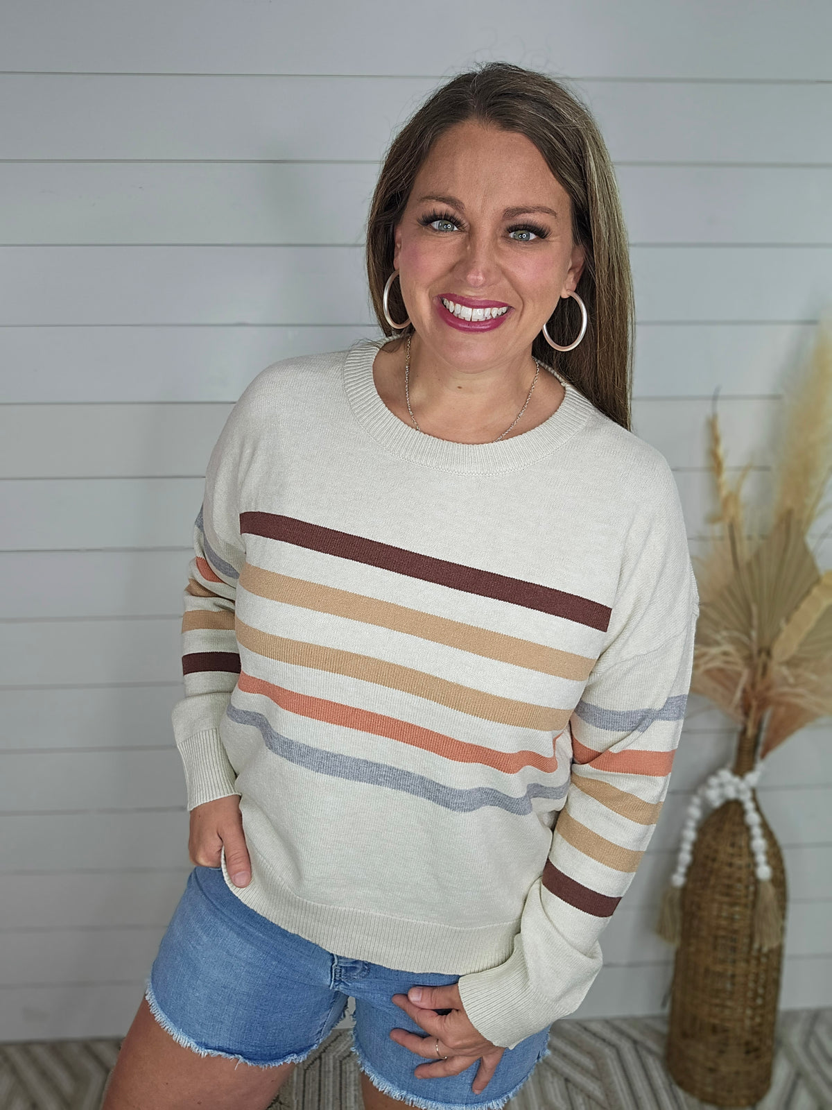 SAND MULTI STRIPE CREW NECK LIGHT WEIGHT PULLOVER SWEATER