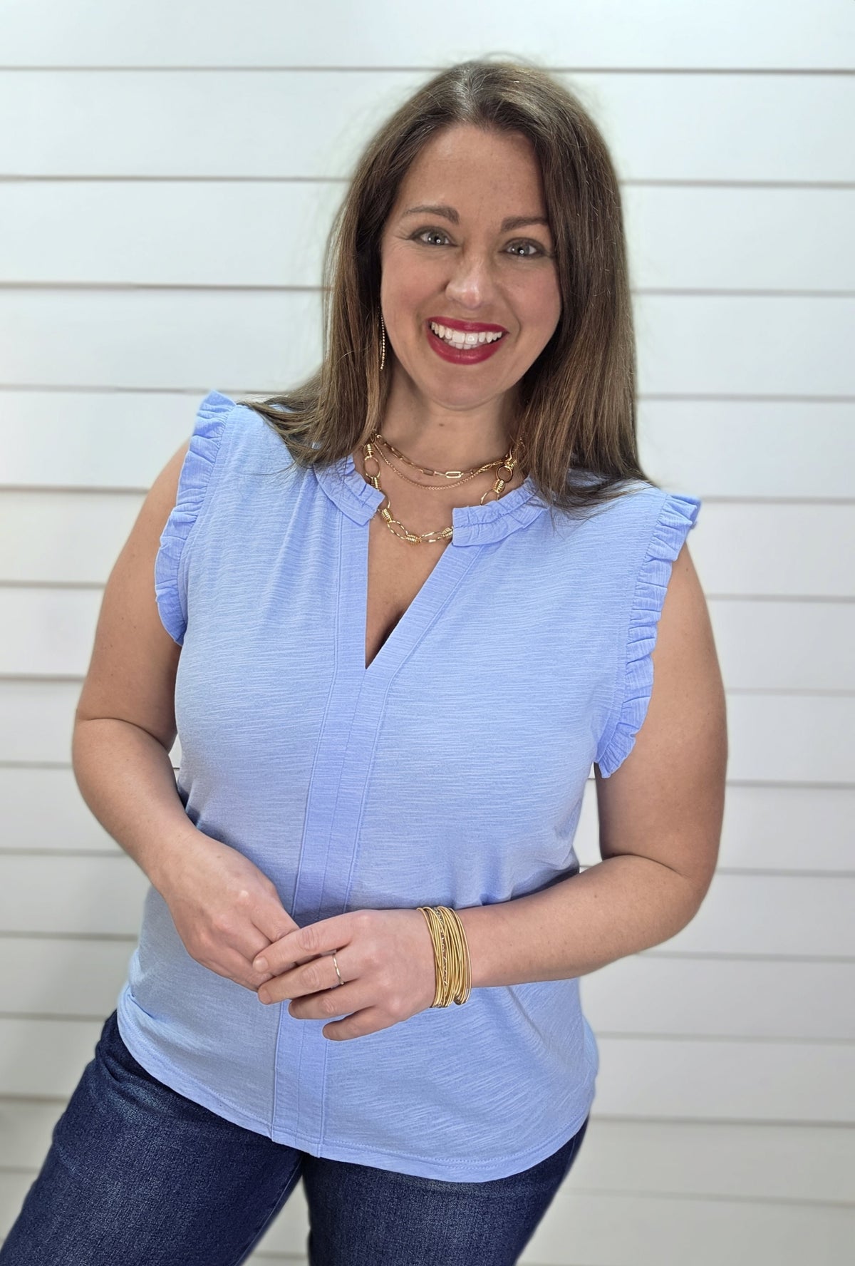 SKY BLUE RUFFLE NECK AND SLEEVE KNIT TOP