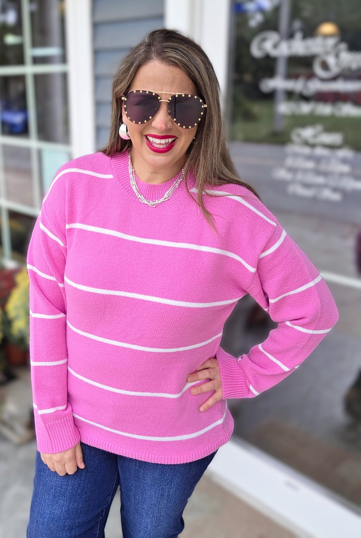 PINK/IVORY STRIPED OVERSIZED SWEATER