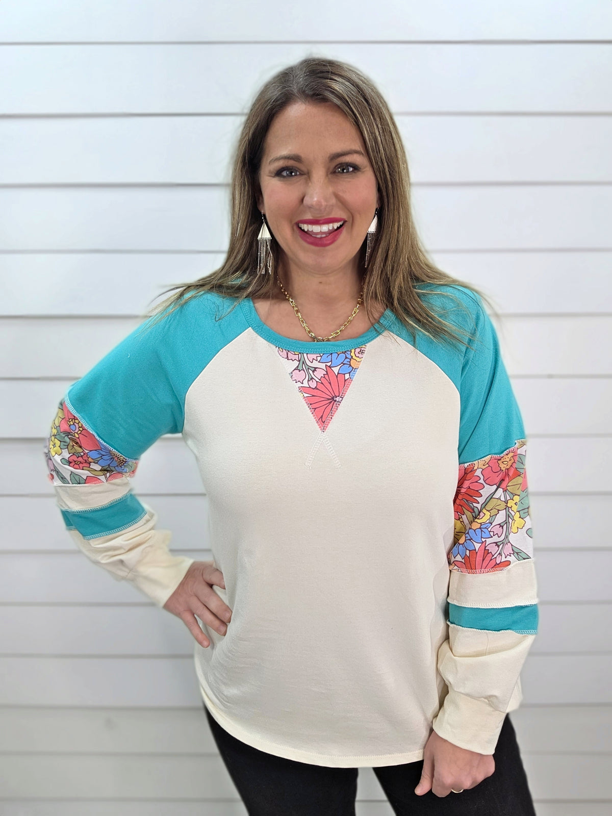 TEAL/CREAM FLORAL CONTAST FRENCH TERRY KNIT TOP