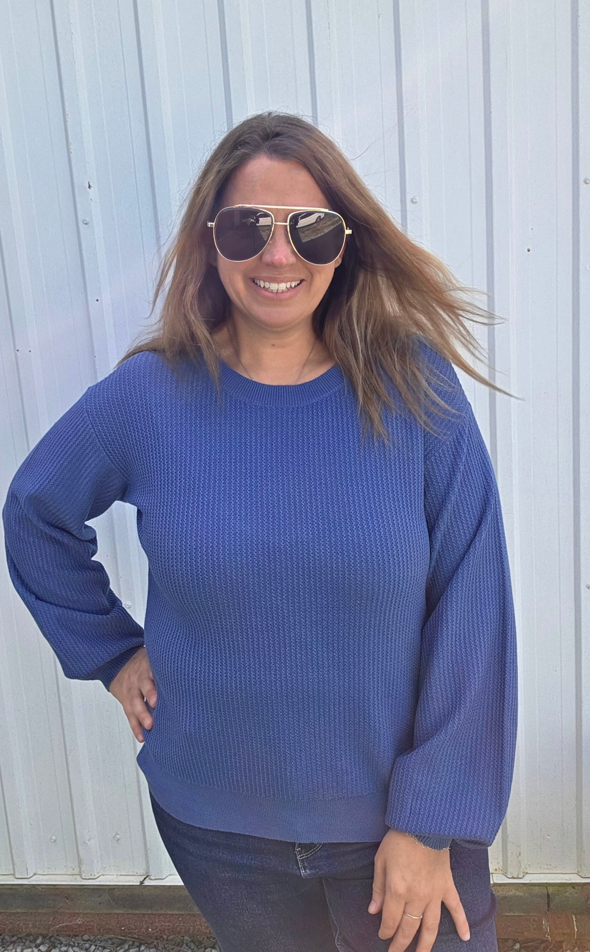 Denim Textured, Crew Neck, Balloon Sleeve, Pullover Sweater