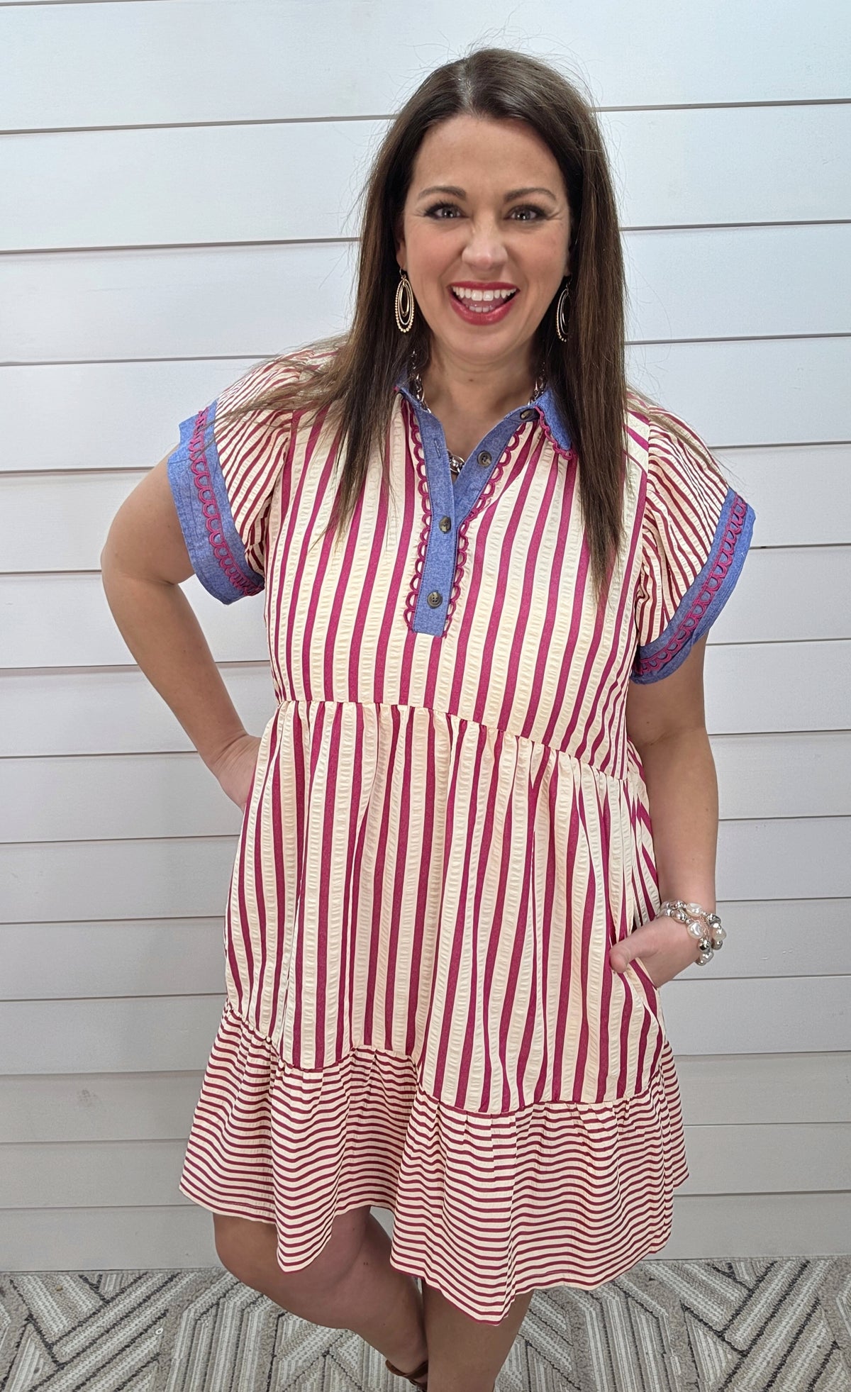 PINK VERTICAL STRIPED DRESS W/ HENLEY BUTTON AND DENIM TRIM