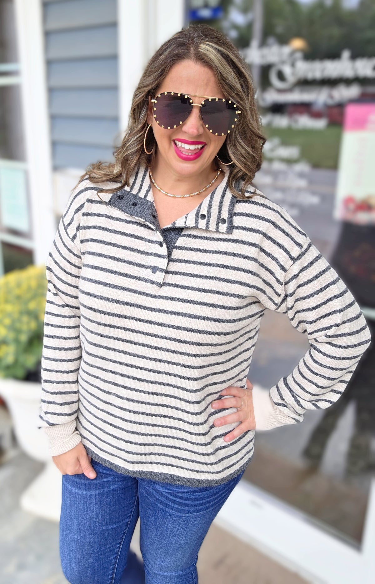 OATMEAL/CHARCOAL STRIPED QUARTER SNAP BUTTON SWEATER