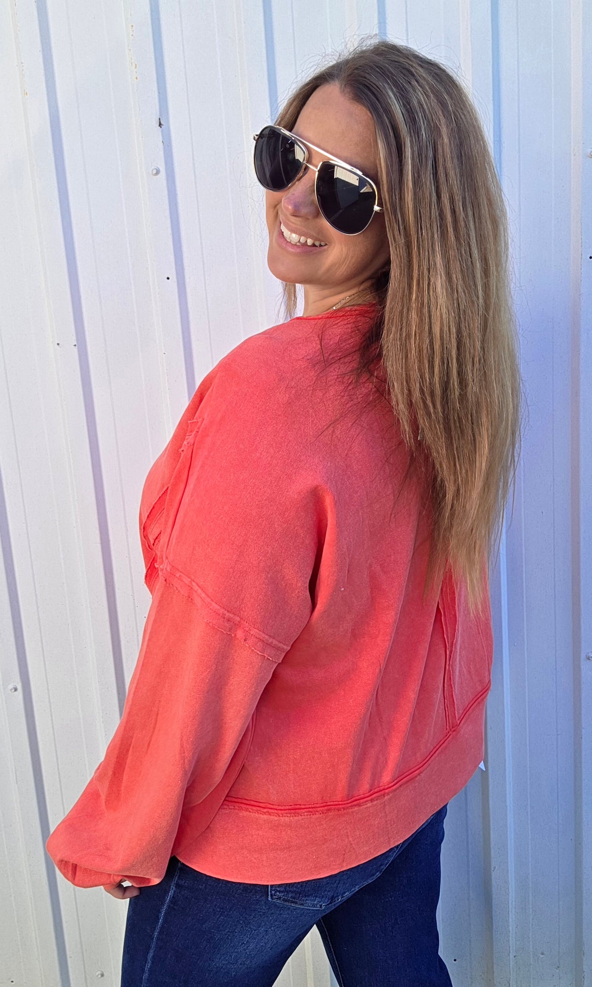 CORAL SOFT FRENCH TERRY PULLOVER WITH SPLIT FRONT AND RAW SEAMS
