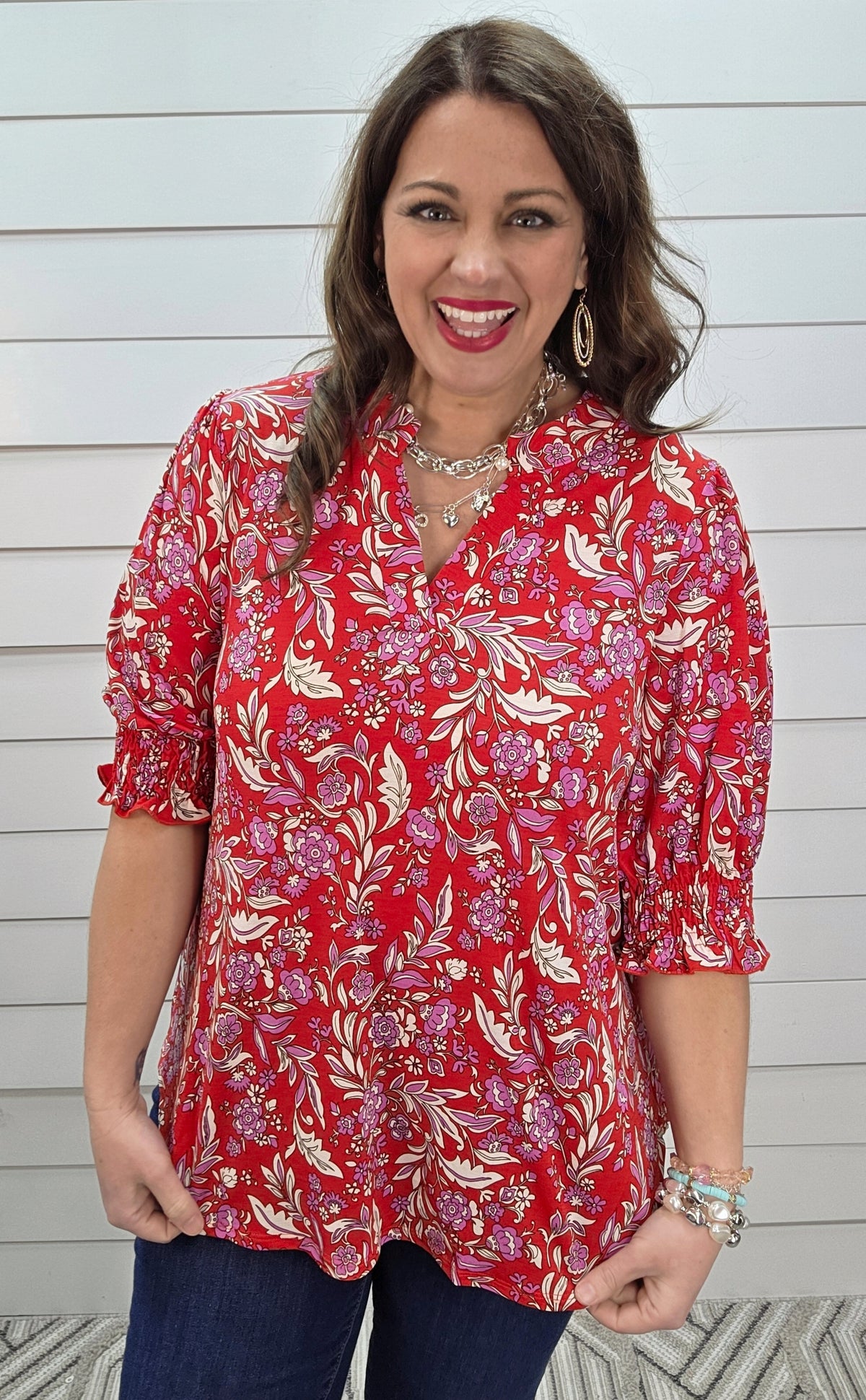 DEAR SCARLETT SMOCKED TOP - RED PRINTED