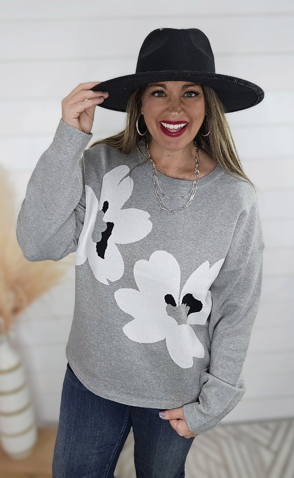 HEATHER GREY LARGE FLORAL CREW NECK SWEATER