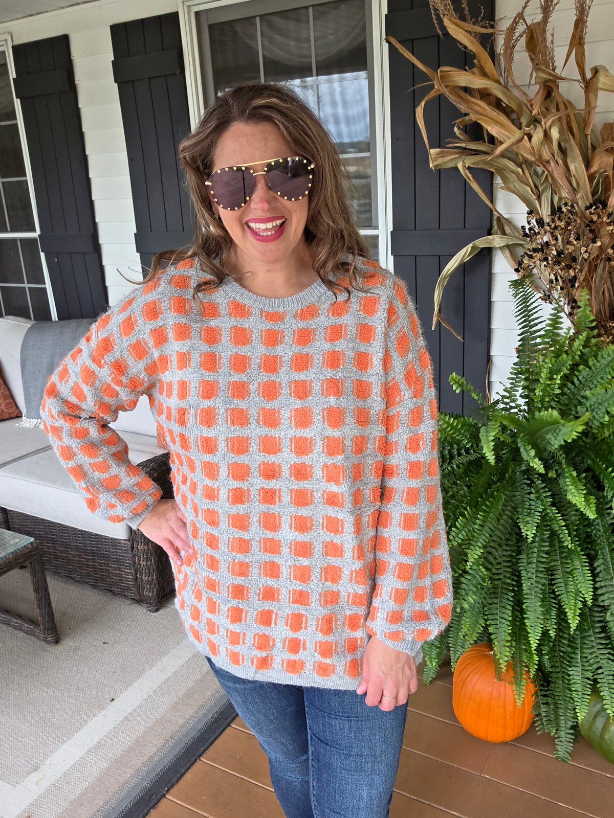 CORAL/GREY TEXTURED BLOCK PULL OVER SWEATER