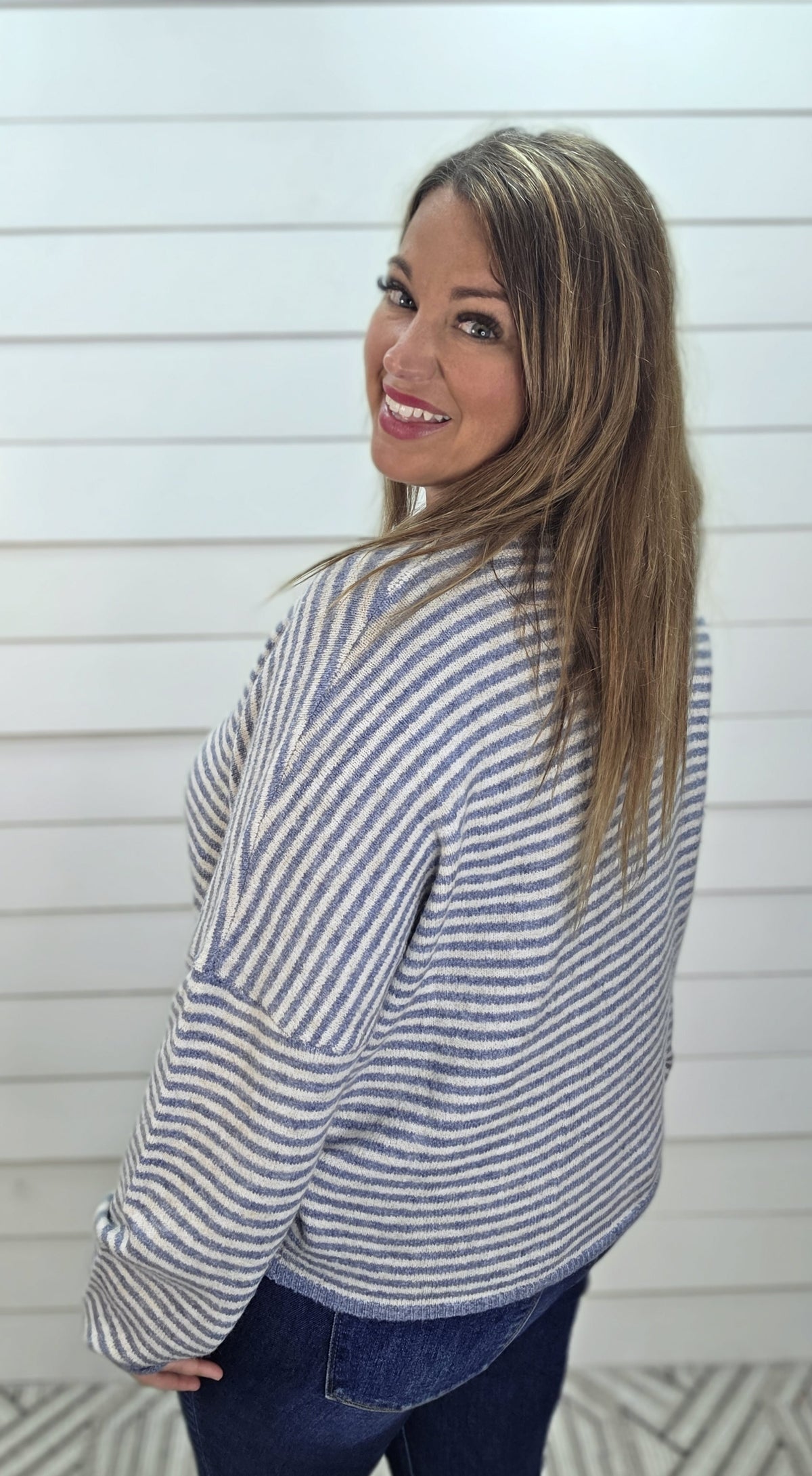 DUSTY BLUE STRIPED BUTTON DOWN LOOSE FIT SWEATER