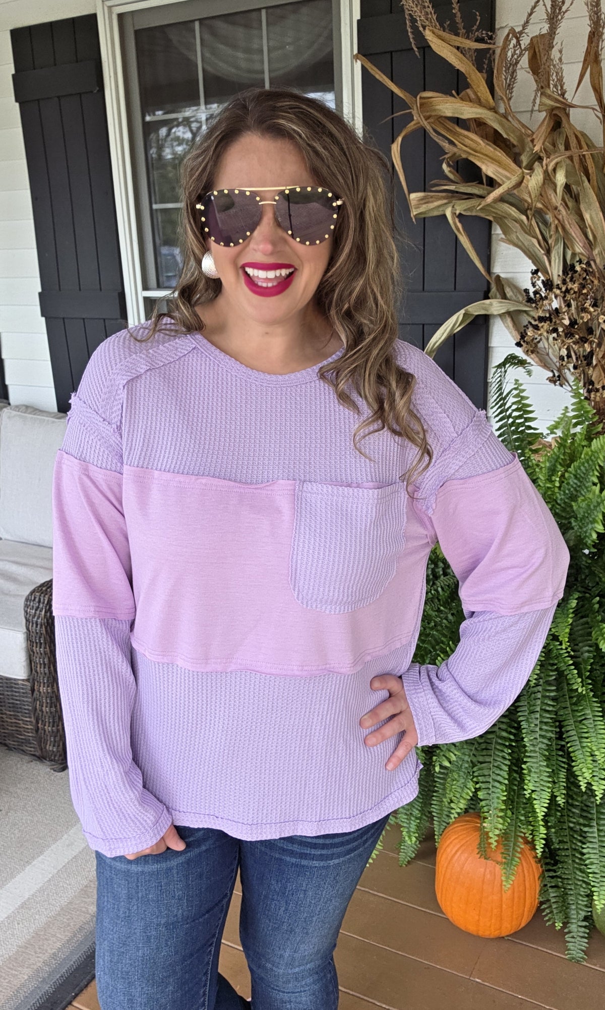 PURPLE WAFFLE CONTRAST POCKET KNIT TOP